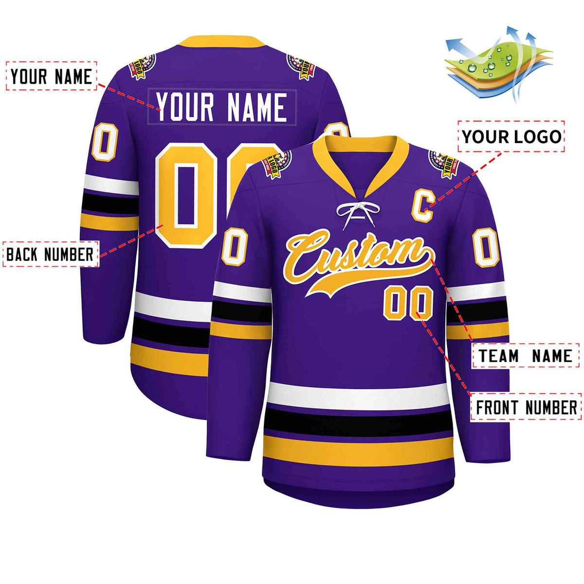 Custom Purple Yellow-White Lace-Up Neck Hockey Jersey Limited