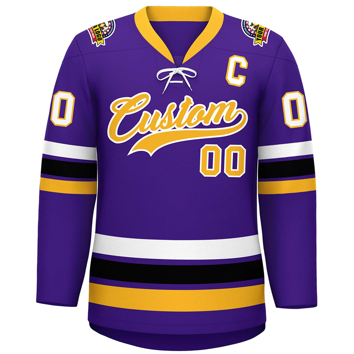 Custom Purple Yellow-White Lace-Up Neck Hockey Jersey Limited