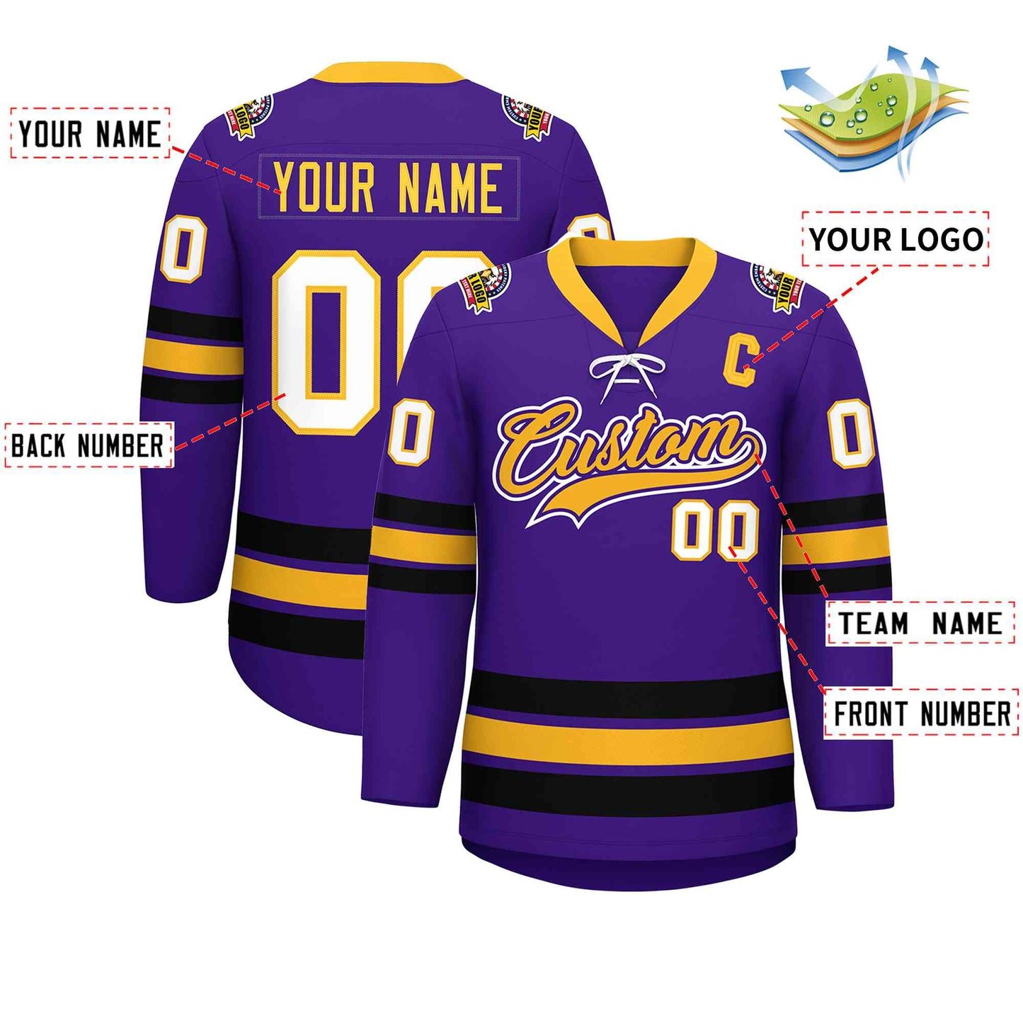 Custom Purple Yellow-Black Lace-Up Neck Hockey Jersey Limited