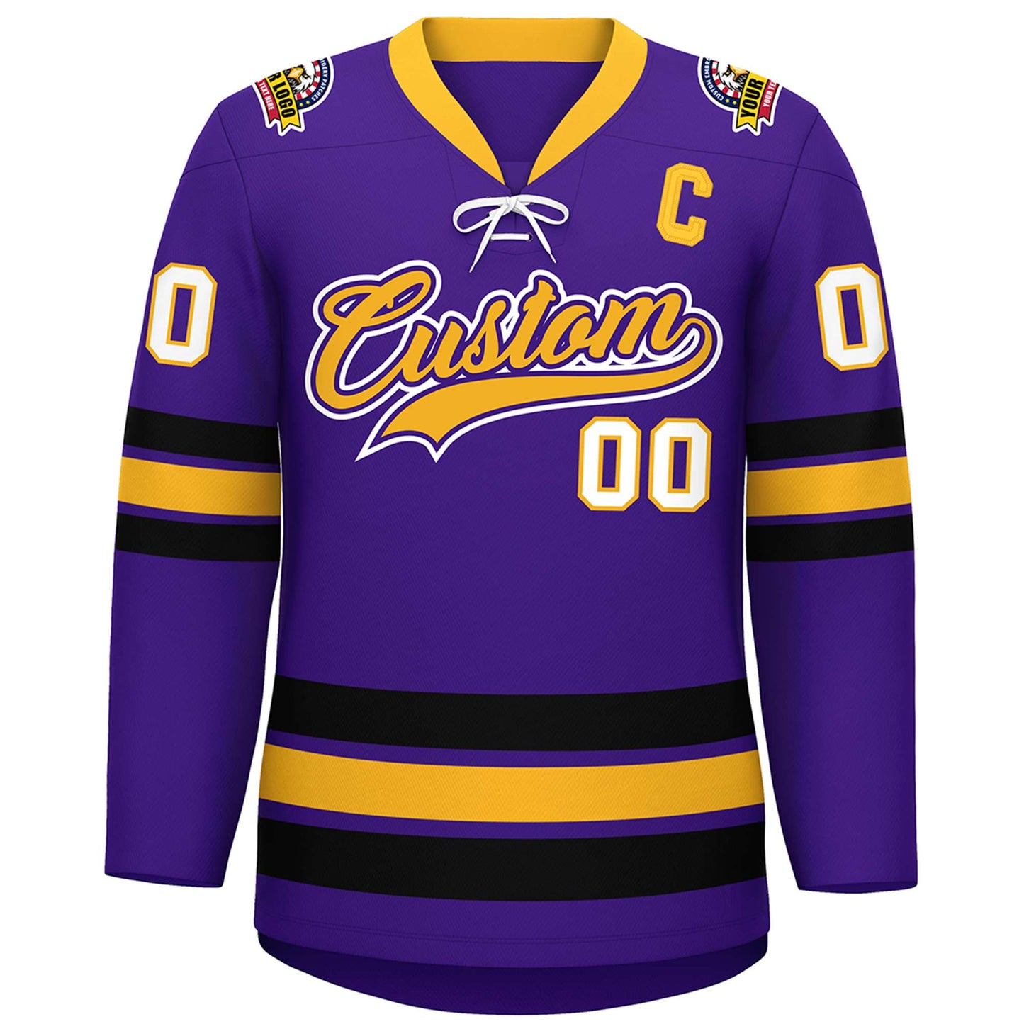 Custom Purple Yellow-Black Lace-Up Neck Hockey Jersey Limited