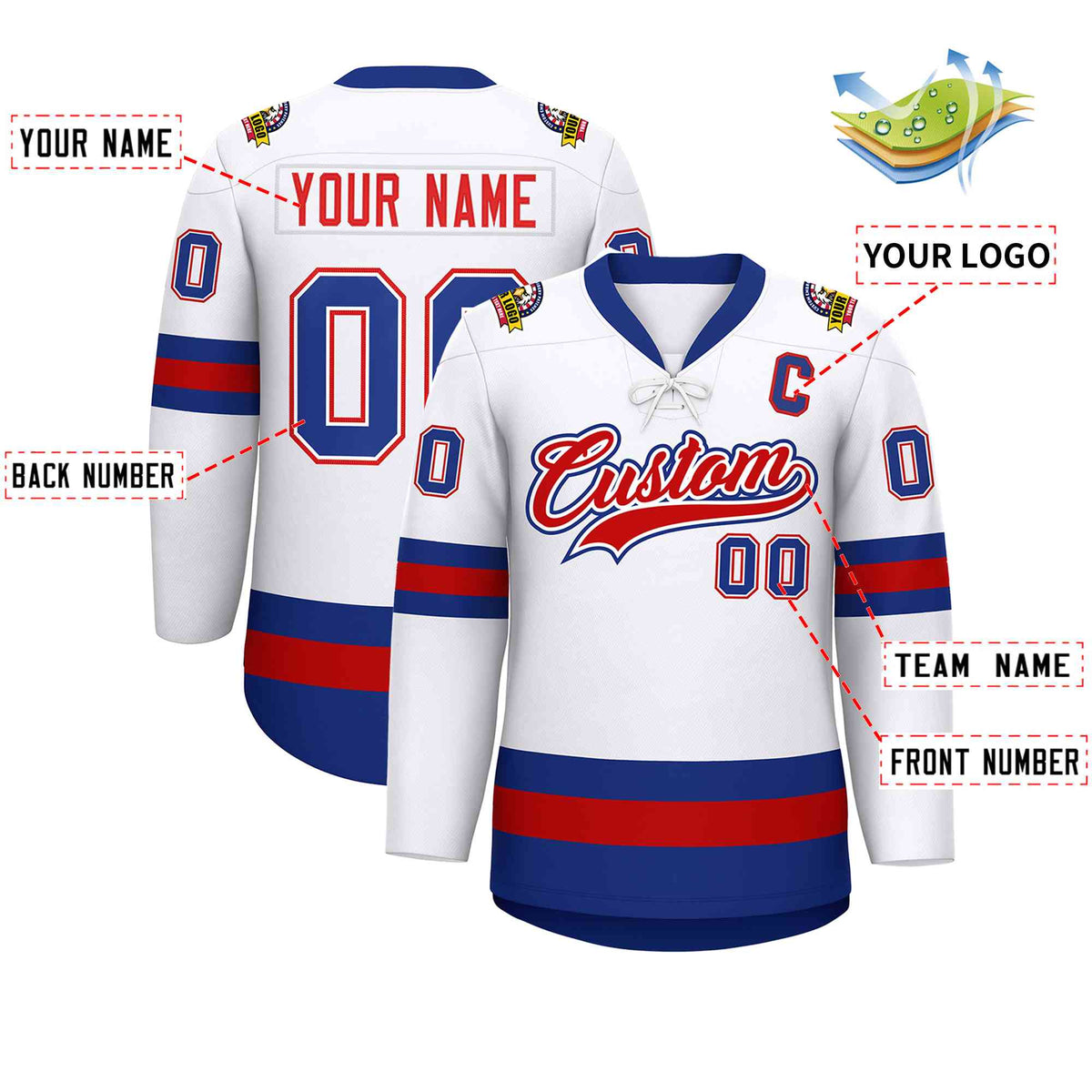 Custom White Red-Royal Lace-Up Neck Hockey Jersey Limited