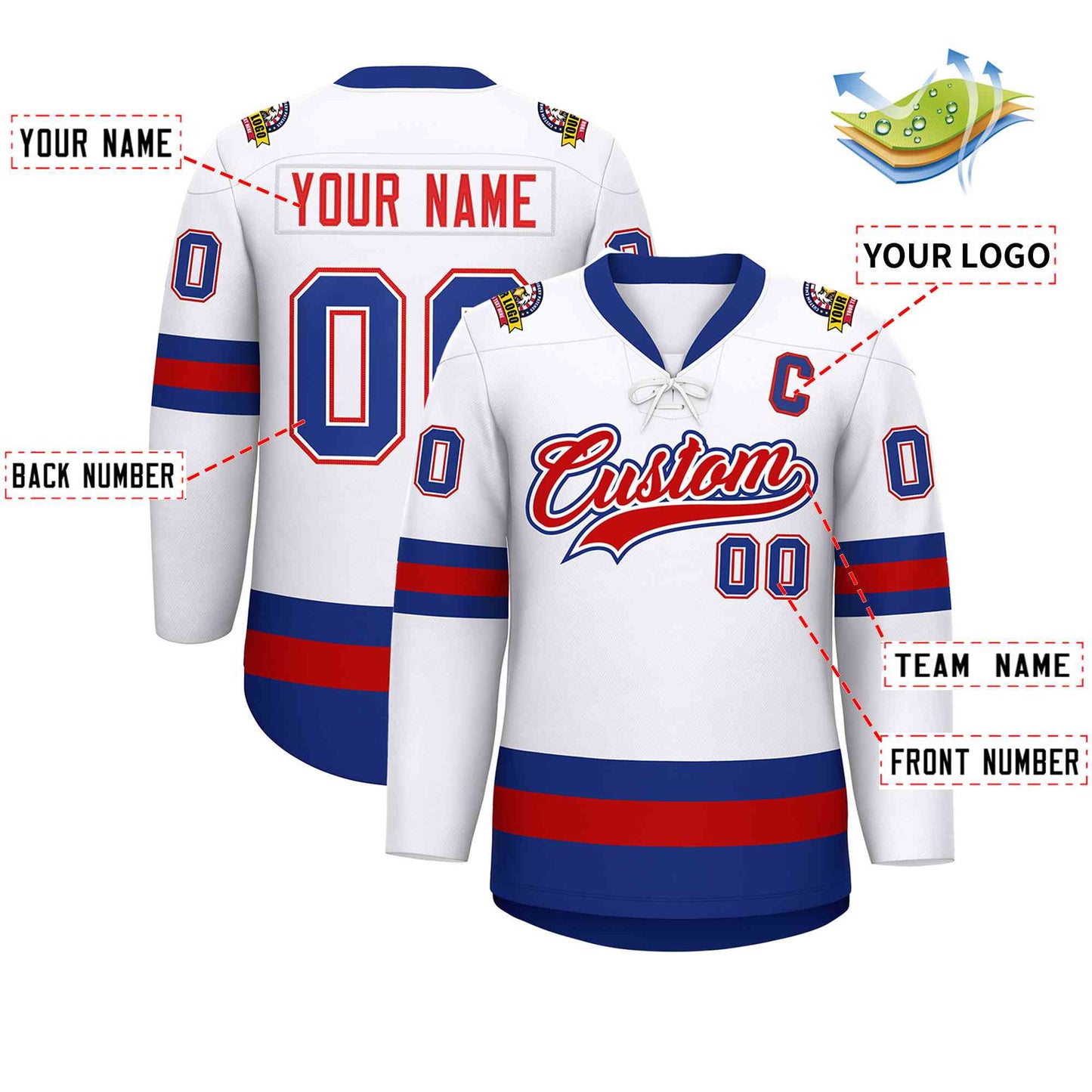 Custom White Red-Royal Lace-Up Neck Hockey Jersey Limited