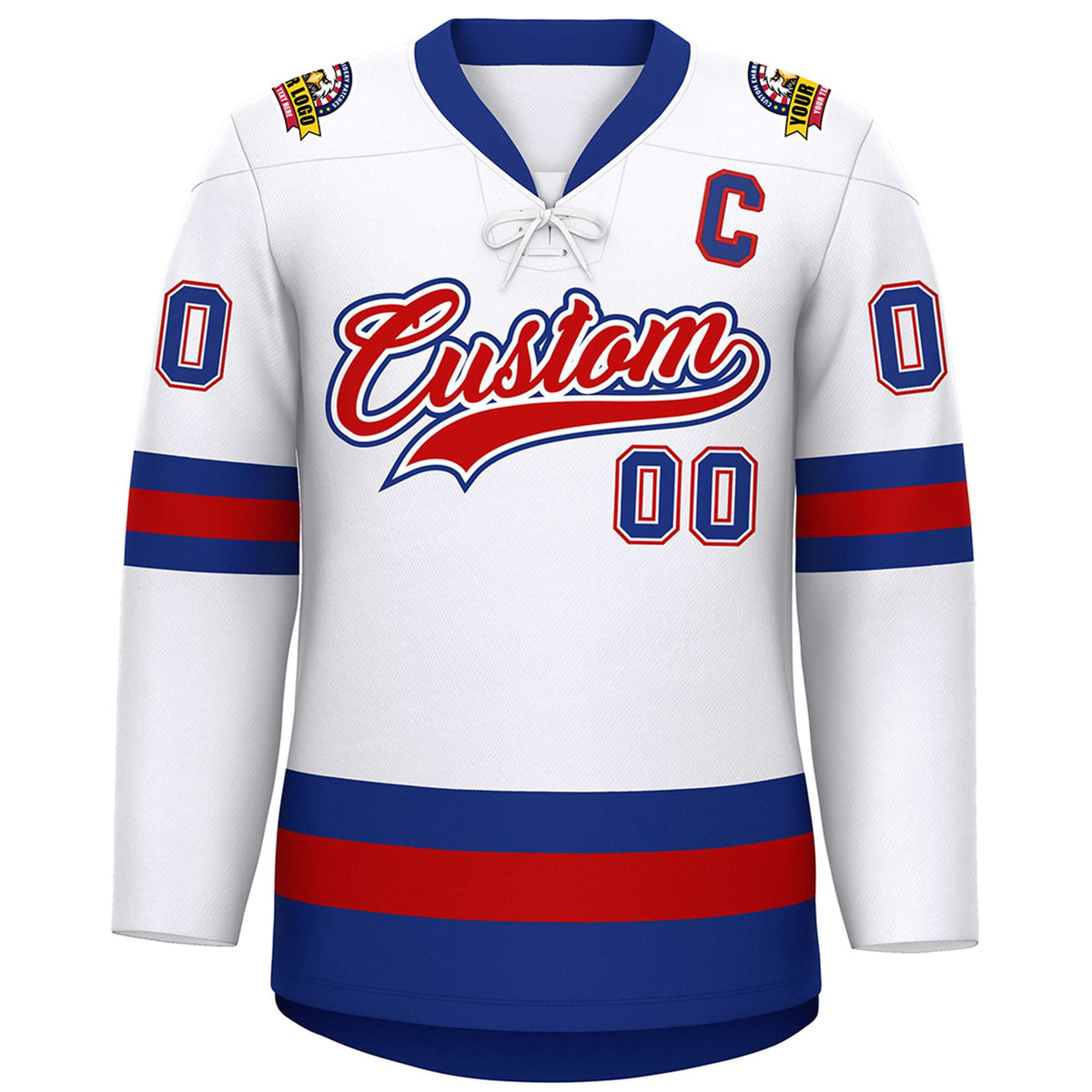 Custom White Red-Royal Lace-Up Neck Hockey Jersey Limited