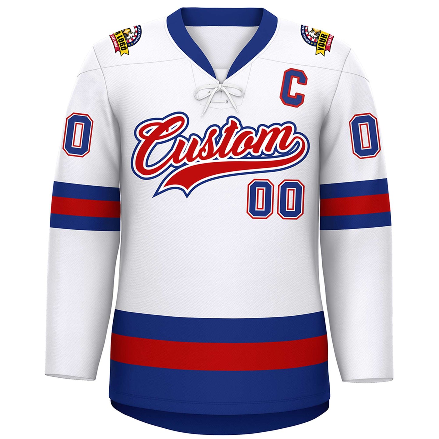 Custom White Red-Royal Lace-Up Neck Hockey Jersey Limited
