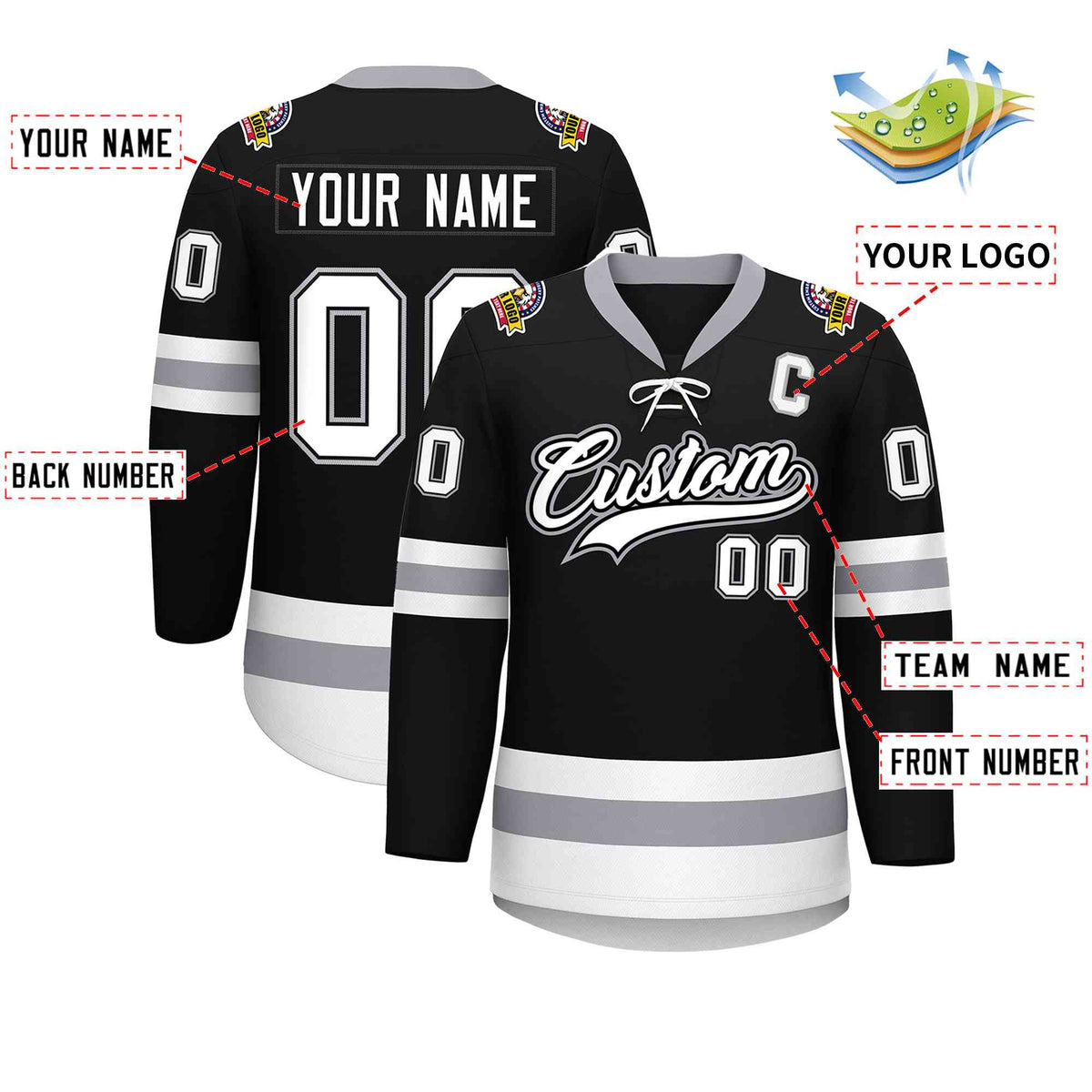Custom Black White-Gray Lace-Up Neck Hockey Jersey Limited