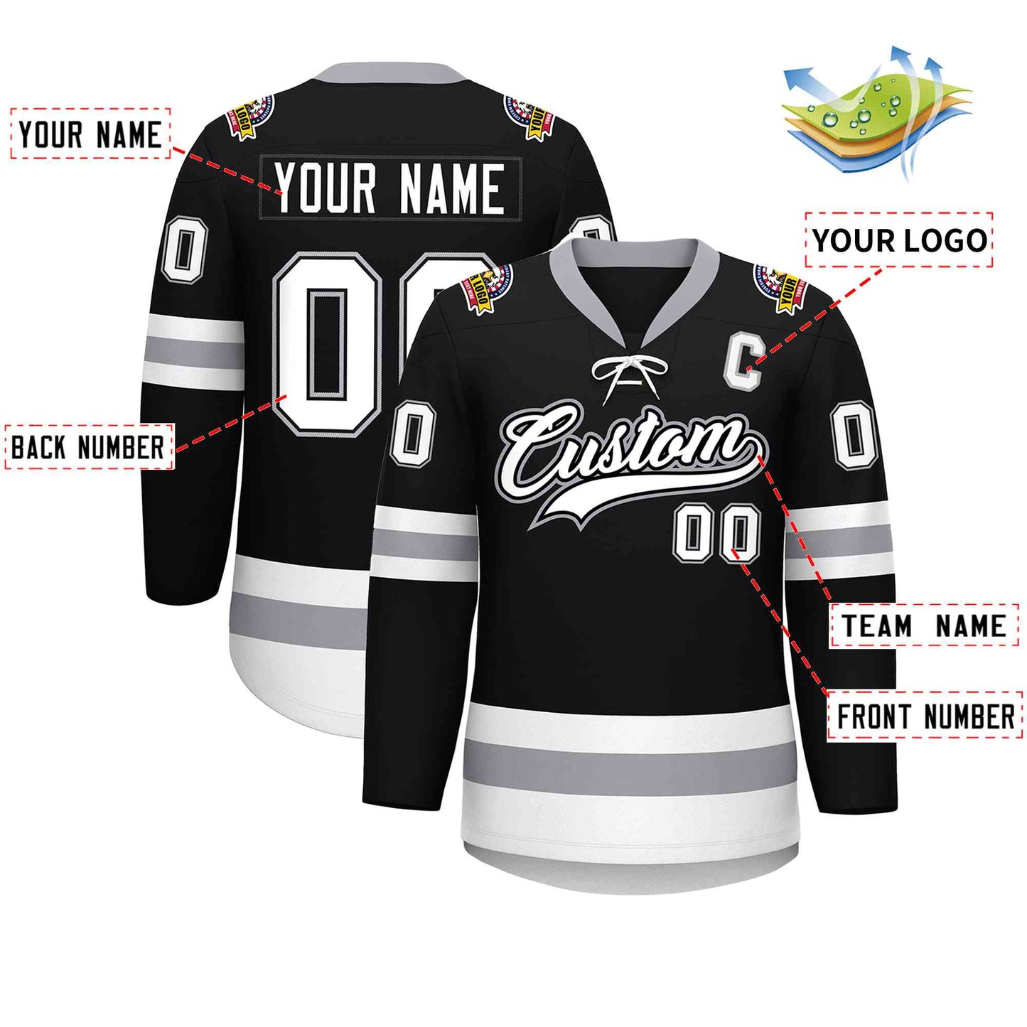 Custom Black White-Gray Lace-Up Neck Hockey Jersey Limited