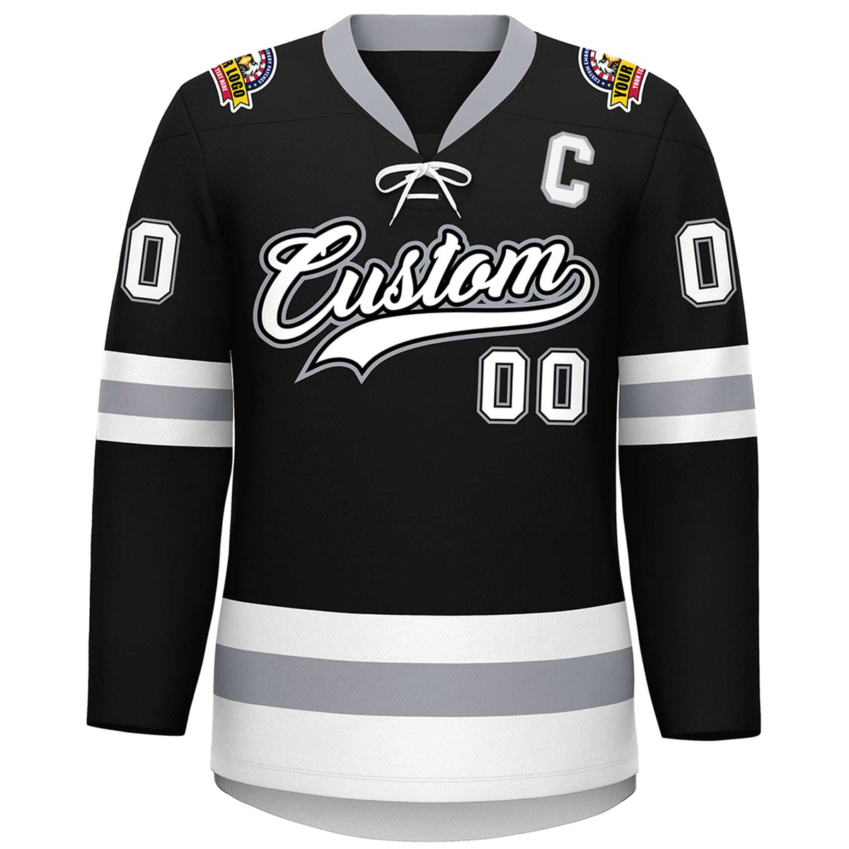Custom Black White-Gray Lace-Up Neck Hockey Jersey Limited