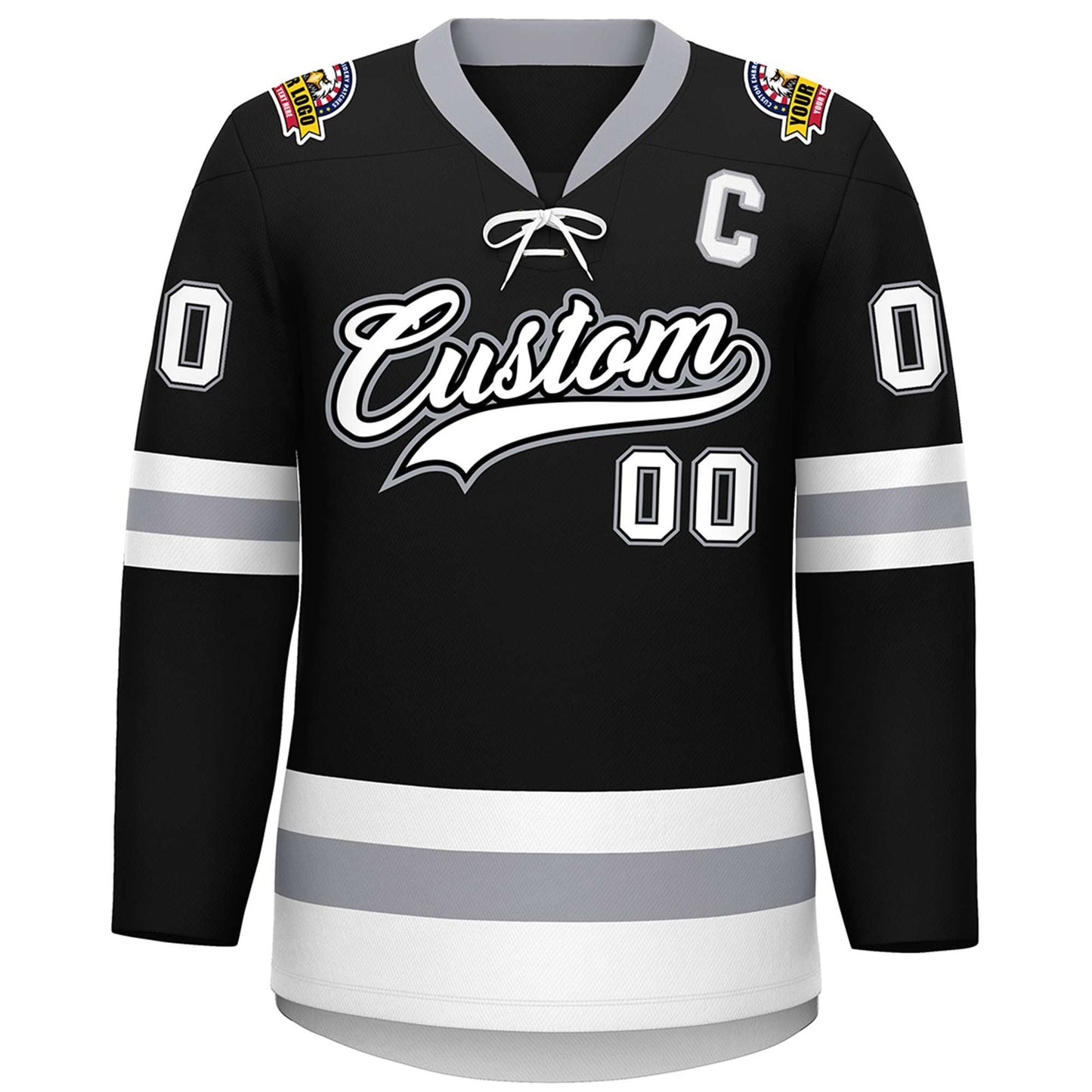 Custom Black White-Gray Lace-Up Neck Hockey Jersey Limited