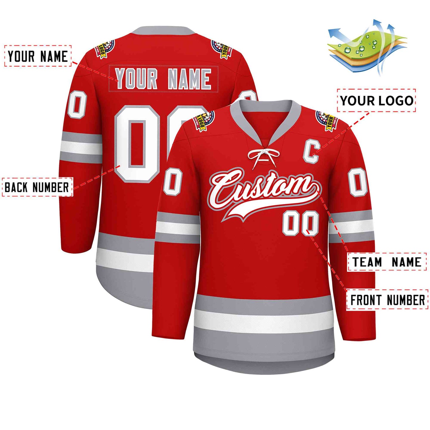 Custom Red White-Gray Lace-Up Neck Hockey Jersey Limited