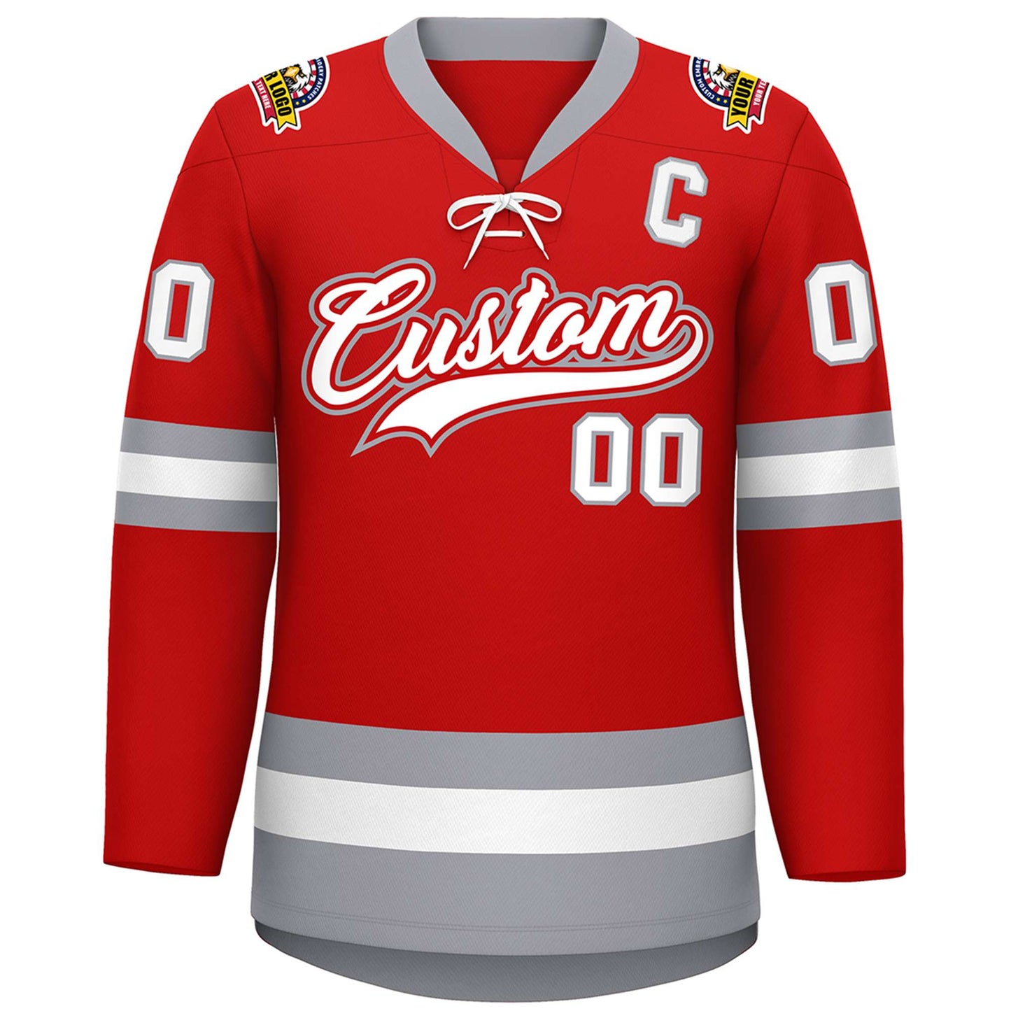 Custom Red White-Gray Lace-Up Neck Hockey Jersey Limited