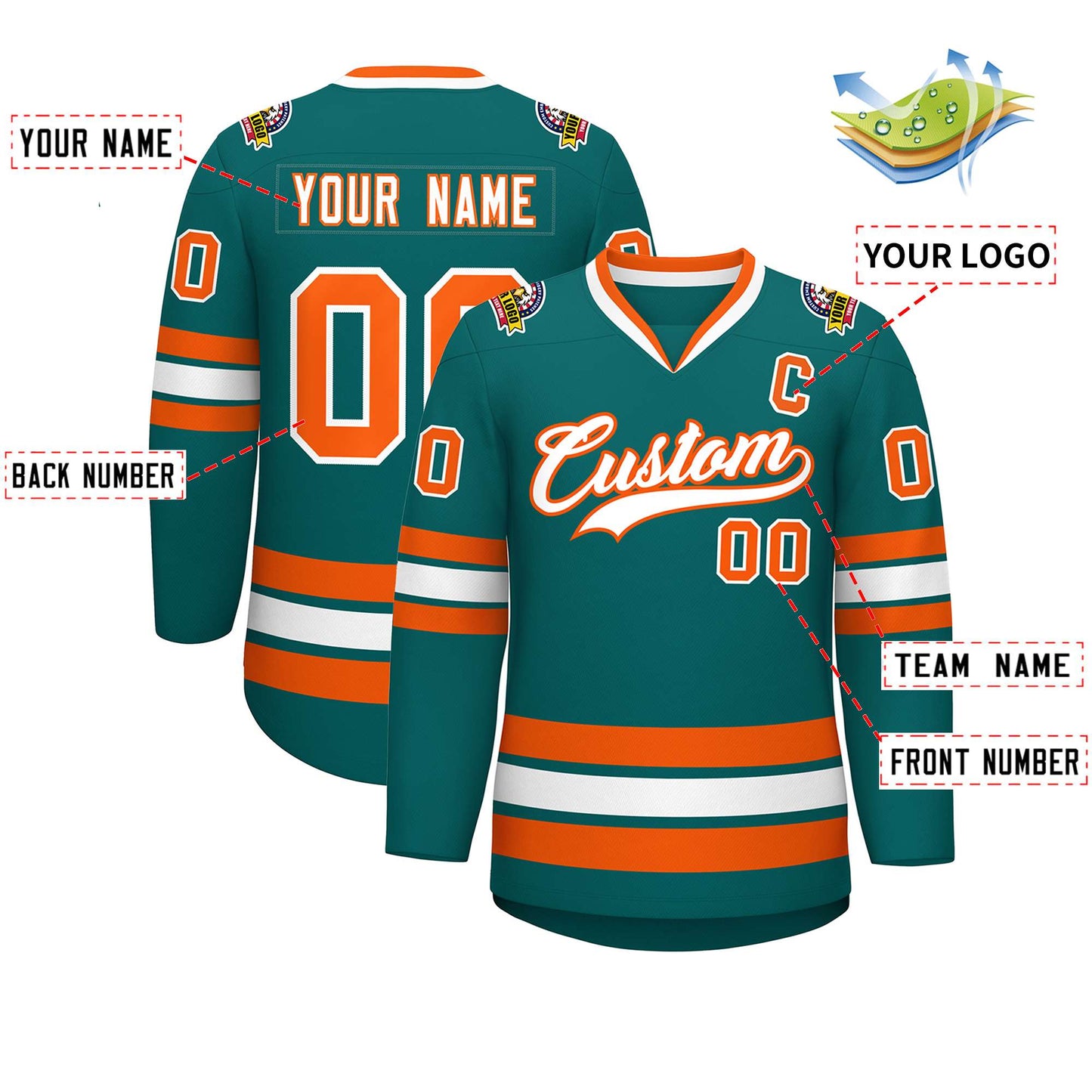 Custom Teal White-Orange Classic Style Hockey Jersey Limited