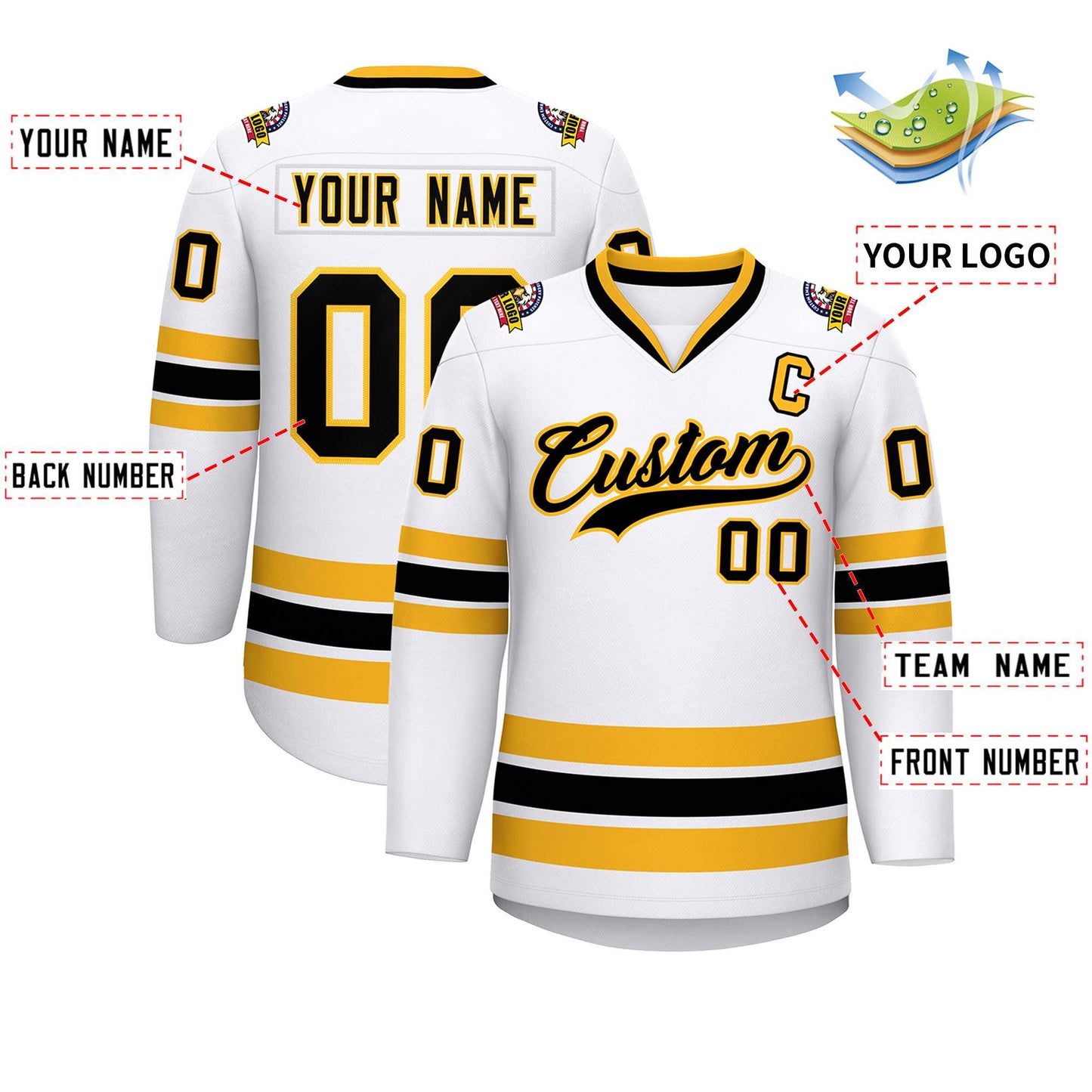 Custom White Black-Gold Classic Style Hockey Jersey Limited