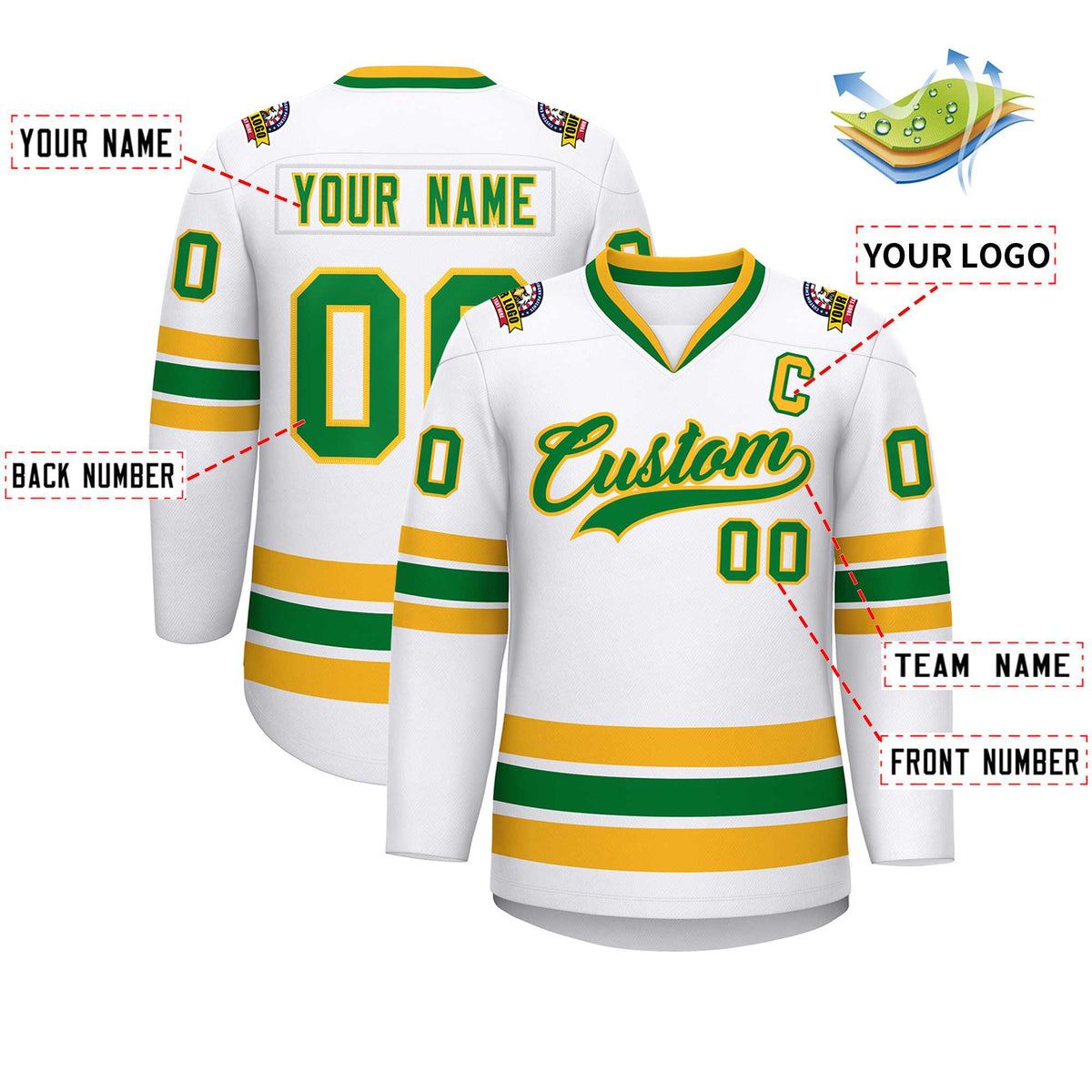 Custom White Kelly Green-Gold Classic Style Hockey Jersey Limited