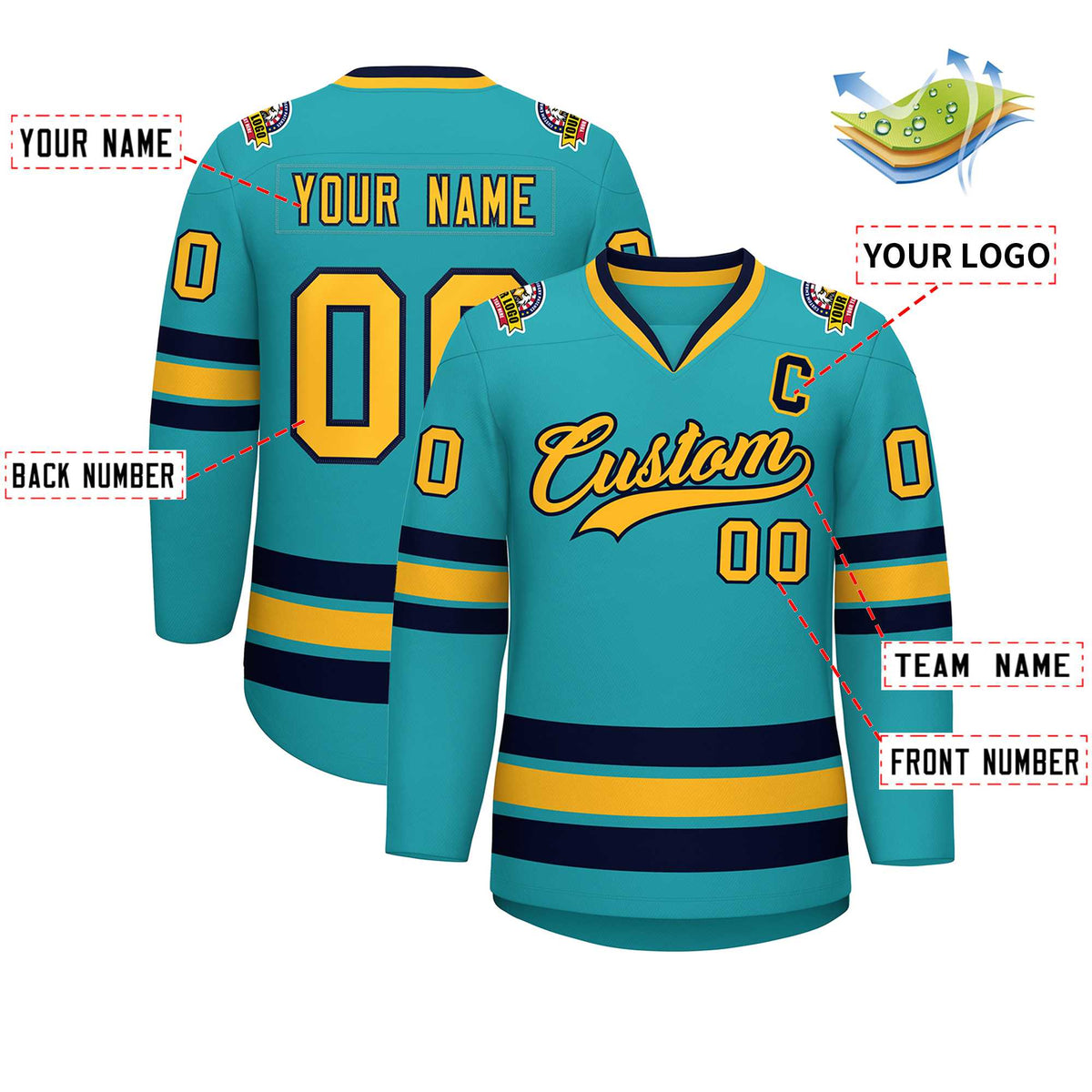 Custom Aqua Gold-Navy Classic Style Hockey Jersey Limited