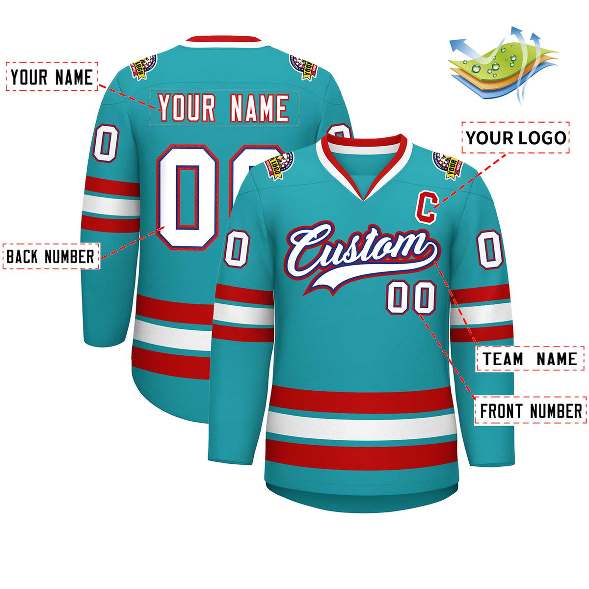 Custom Aqua White Royal-Red Classic Style Hockey Jersey Limited