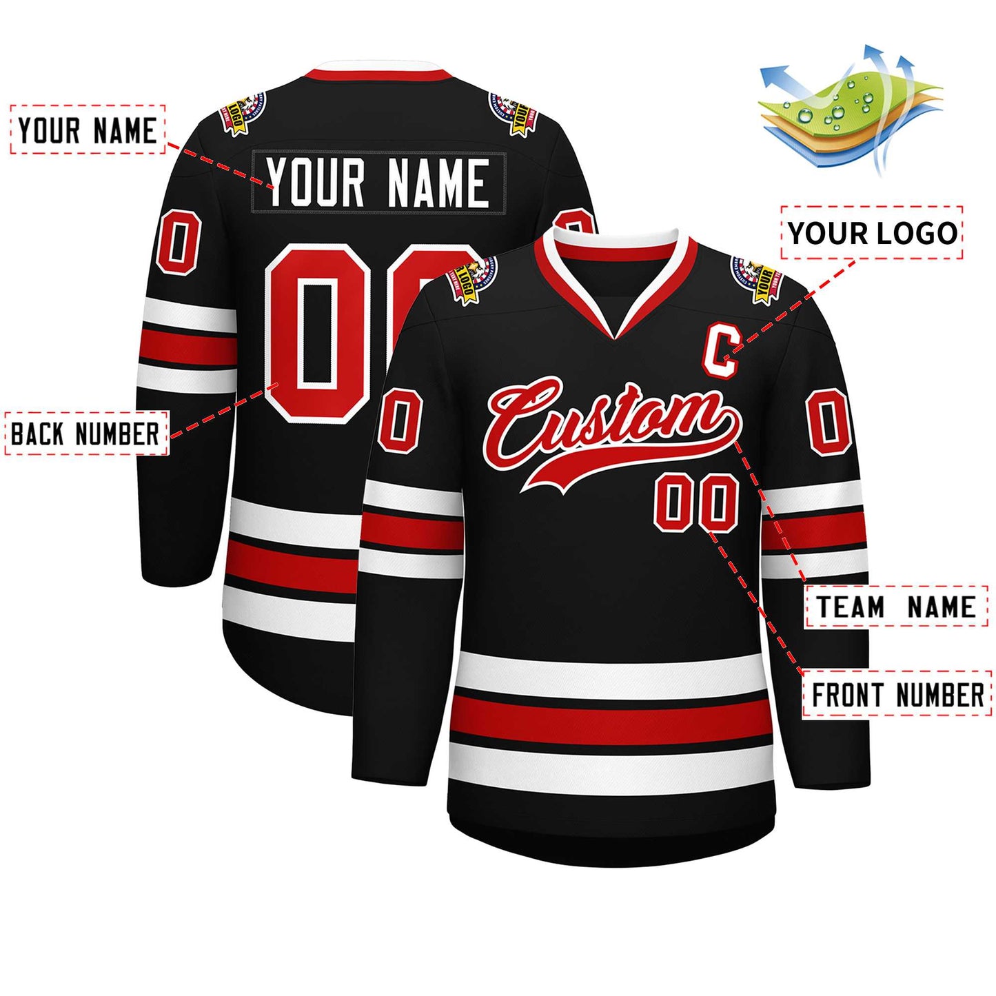 Custom Black Red-White Classic Style Hockey Jersey Limited