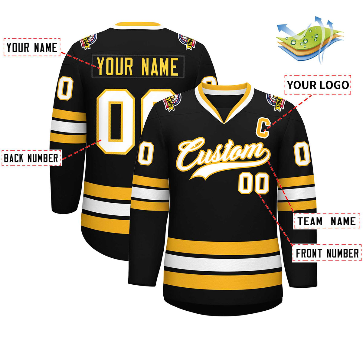 Custom Black White-Gold Classic Style Hockey Jersey Limited