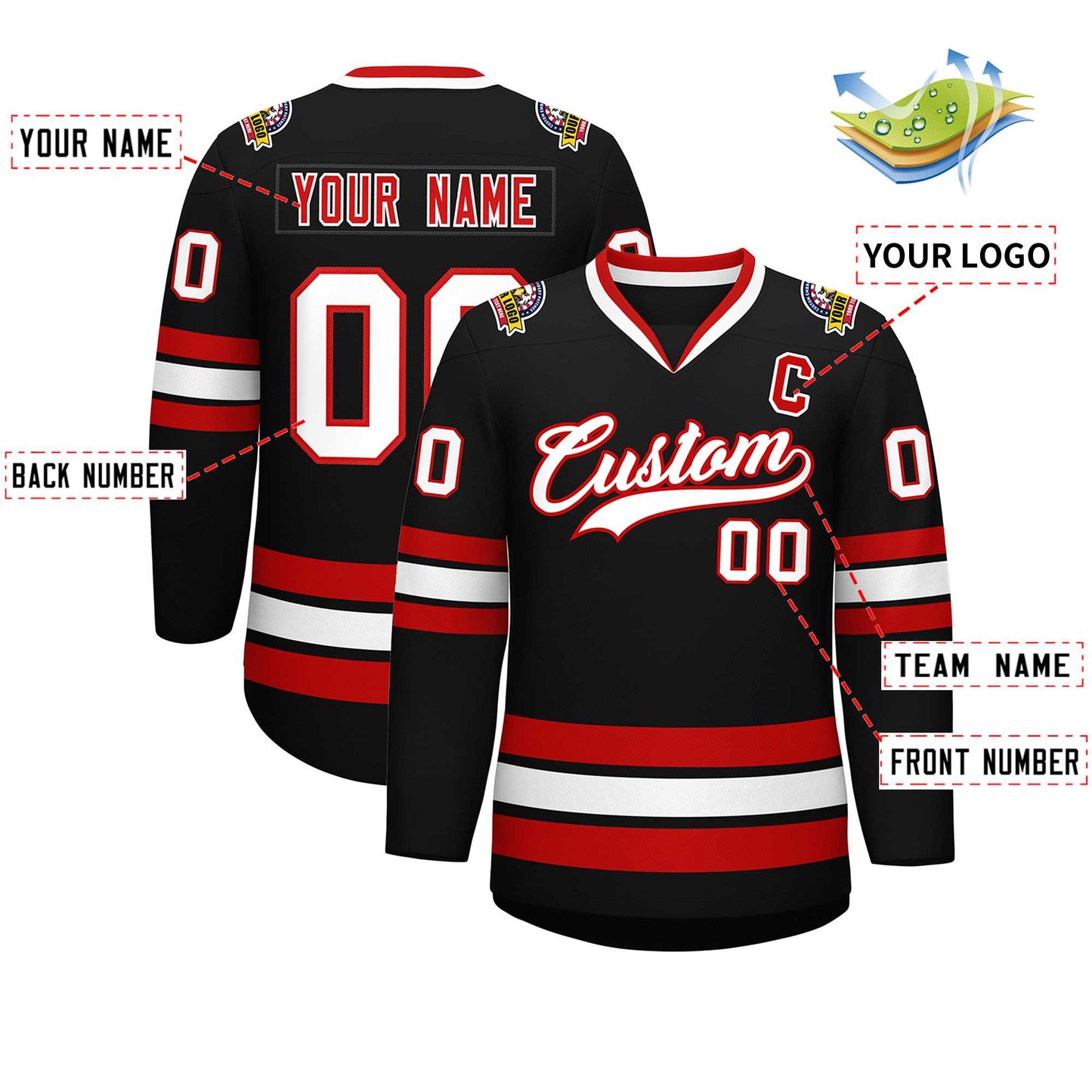 Custom Black White-Red Classic Style Hockey Jersey Limited