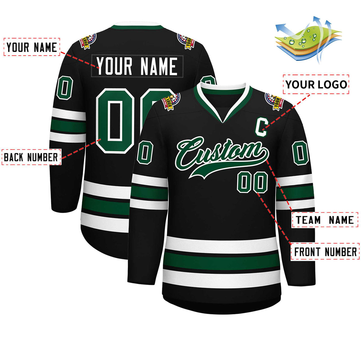 Custom Black Green-White Classic Style Hockey Jersey Limited