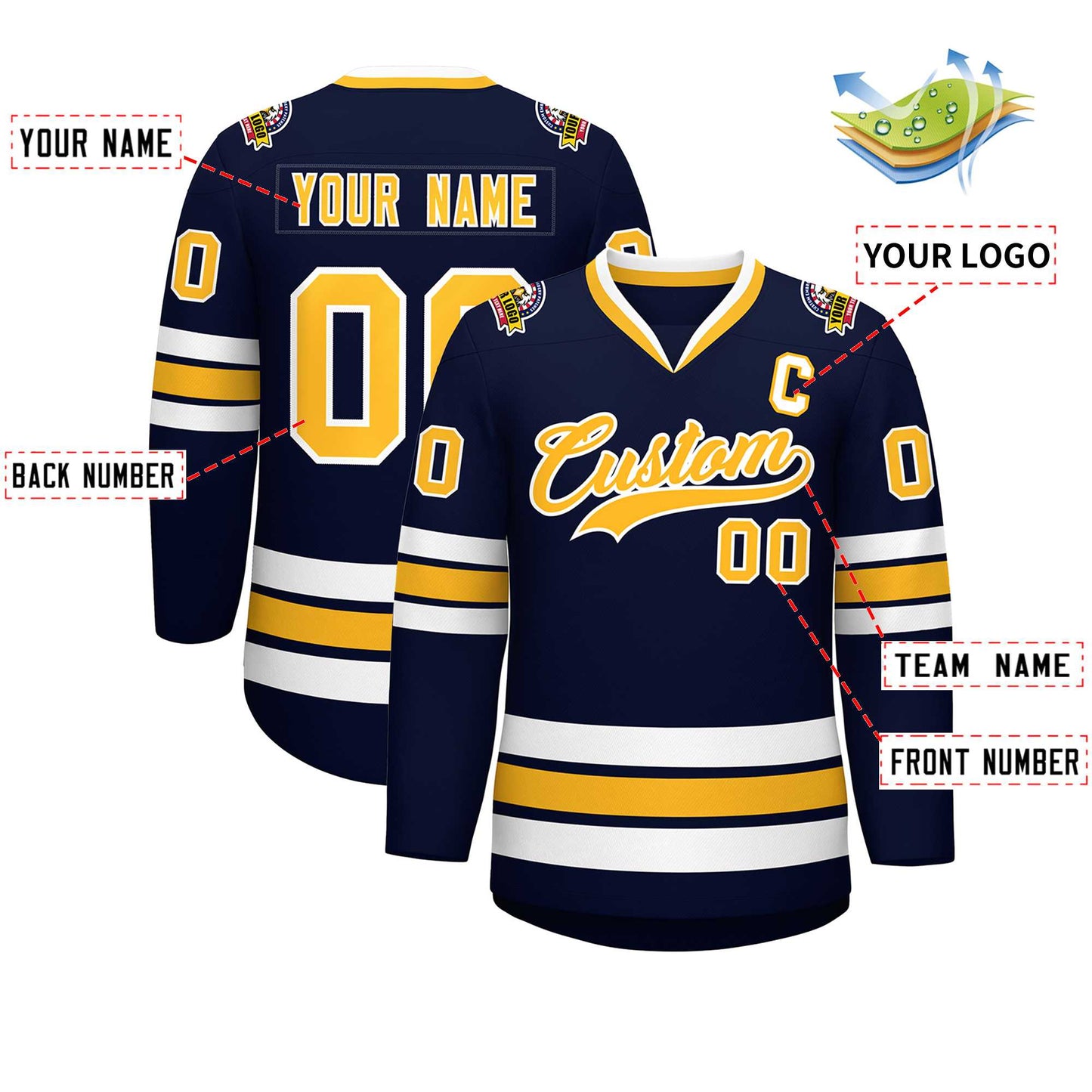 Custom Navy Gold-White Classic Style Hockey Jersey Limited