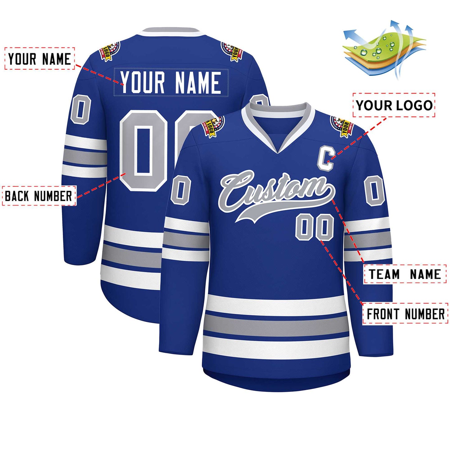 Custom Royal Gray-White Classic Style Hockey Jersey Limited