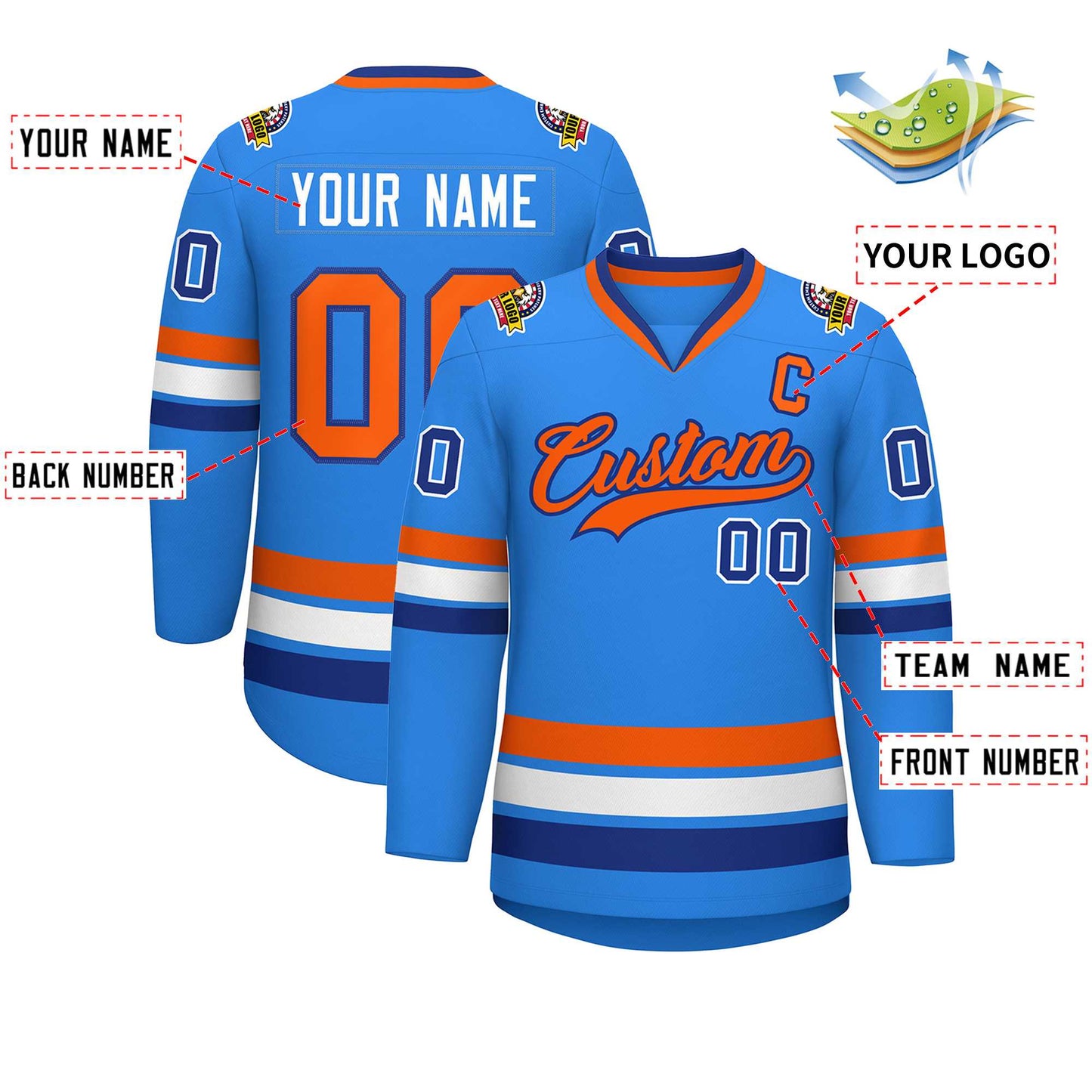 Custom Powder Blue Orange-Royal Classic Style Hockey Jersey Limited