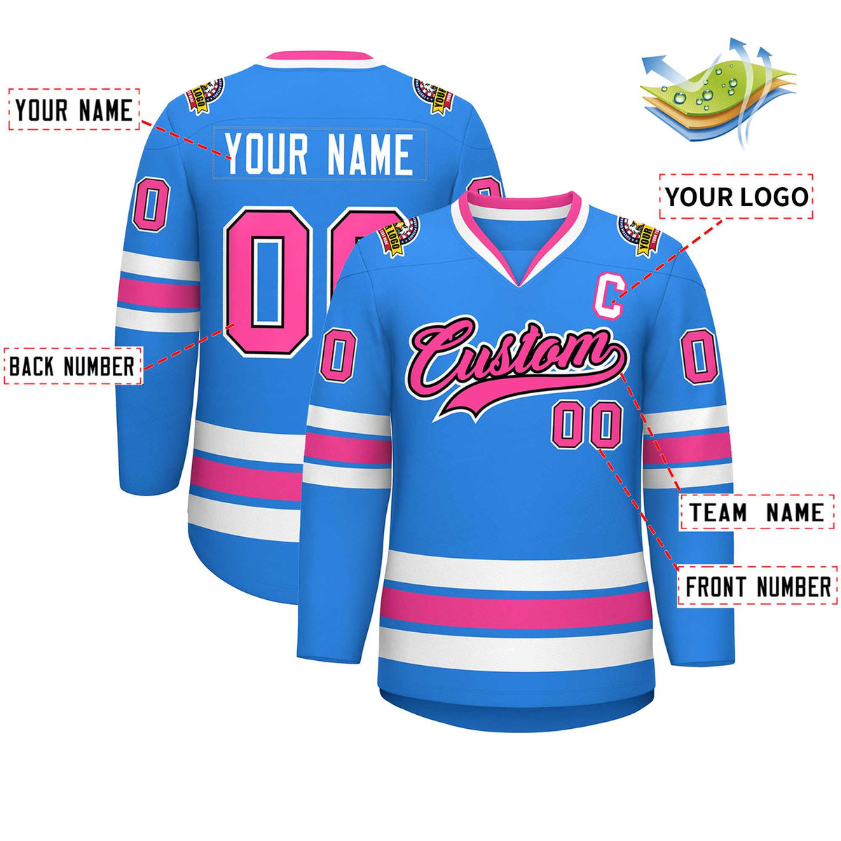 Custom Powder Blue Pink Black-White Classic Style Hockey Jersey Limited