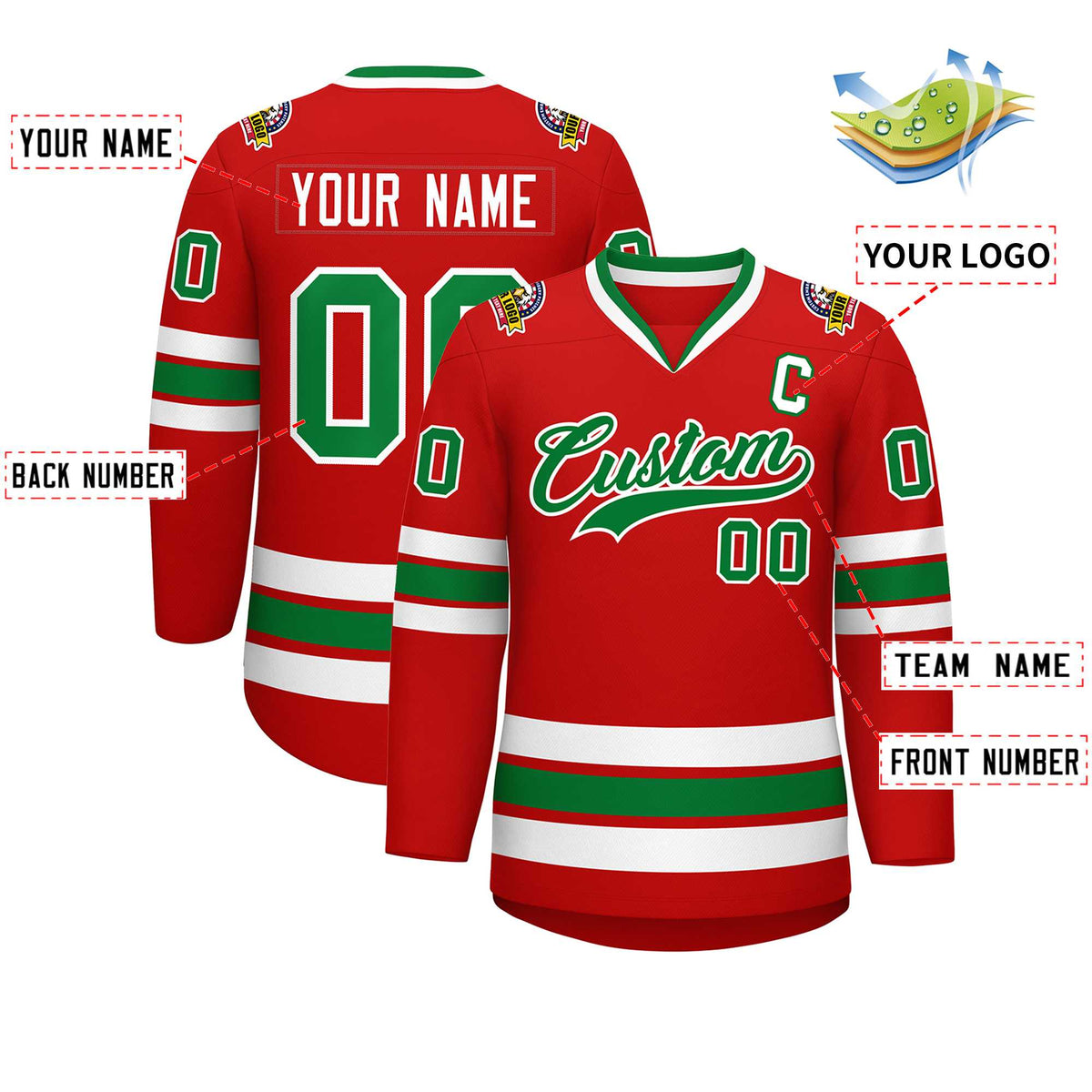 Custom Red Kelly Green-White Classic Style Hockey Jersey Limited