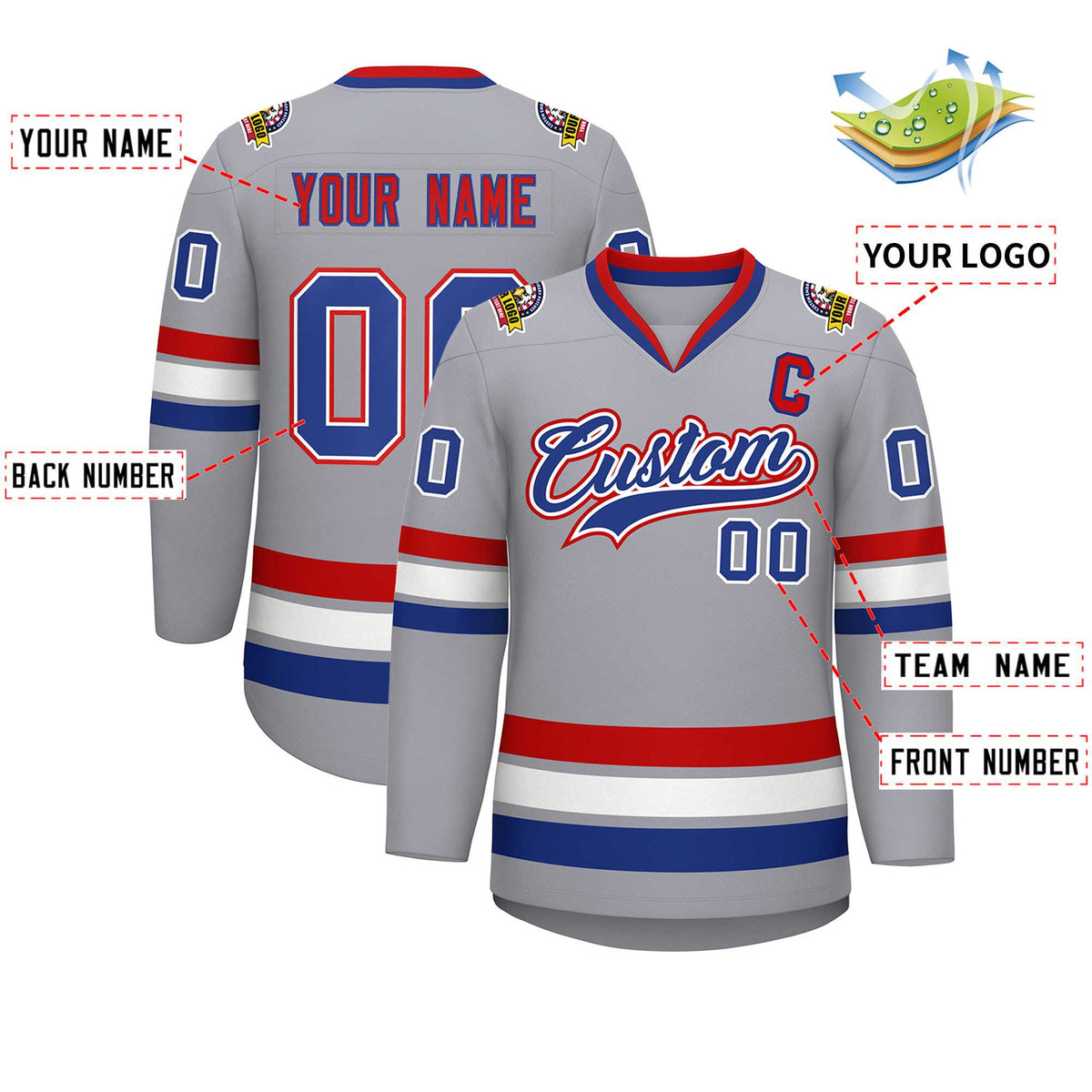 Custom Gray Royal White-Red Classic Style Hockey Jersey Limited