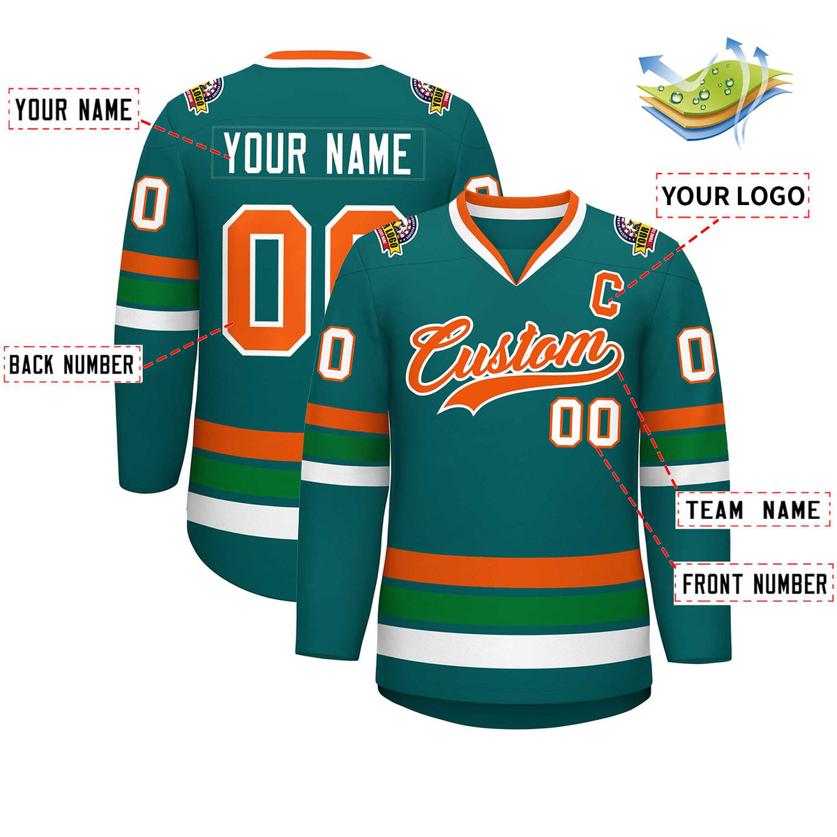 Custom Aqua Orange-White Classic Style Hockey Jersey Limited