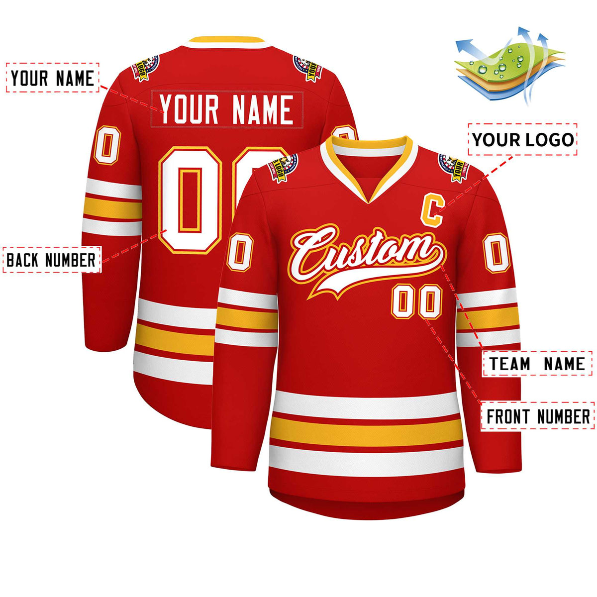 Custom Red White Red-Gold Classic Style Hockey Jersey Limited
