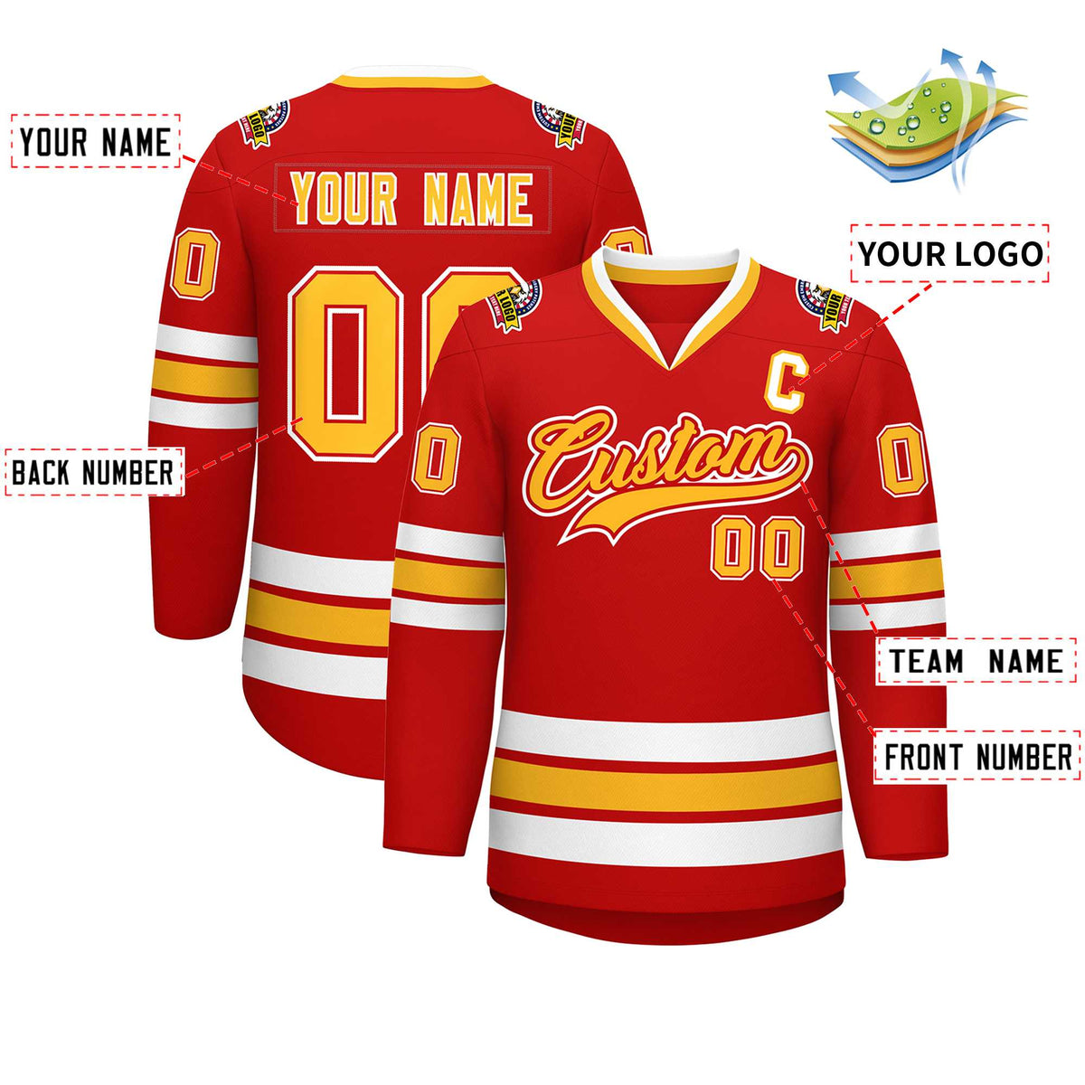 Custom Red Gold Red-White Classic Style Hockey Jersey Limited