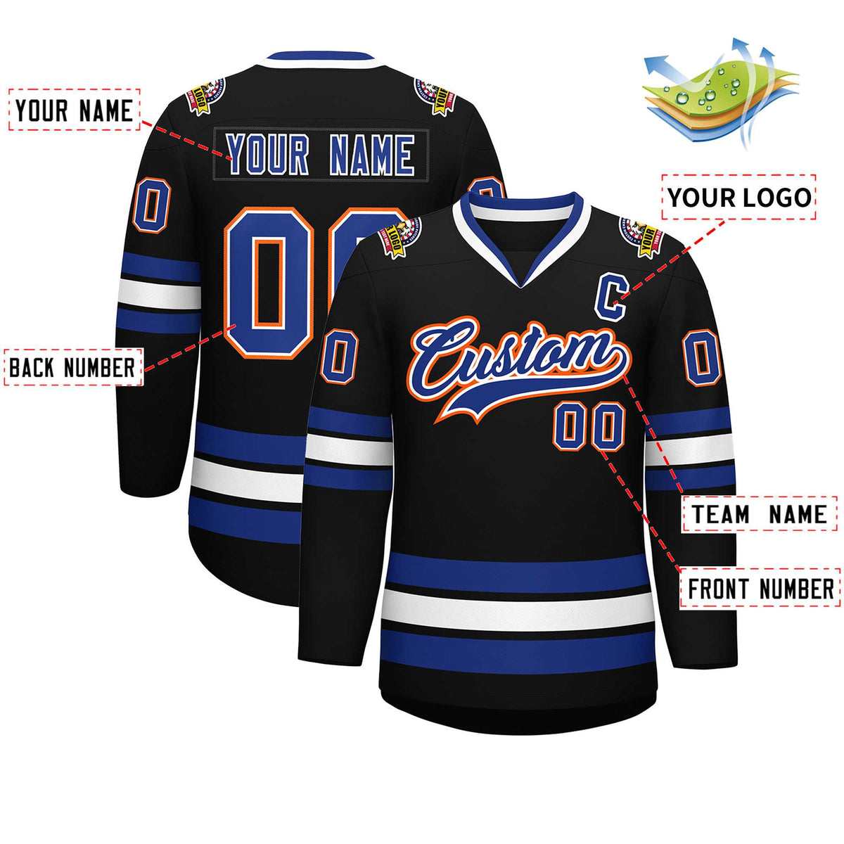 Custom Black Royal White-Orange Classic Style Hockey Jersey Limited