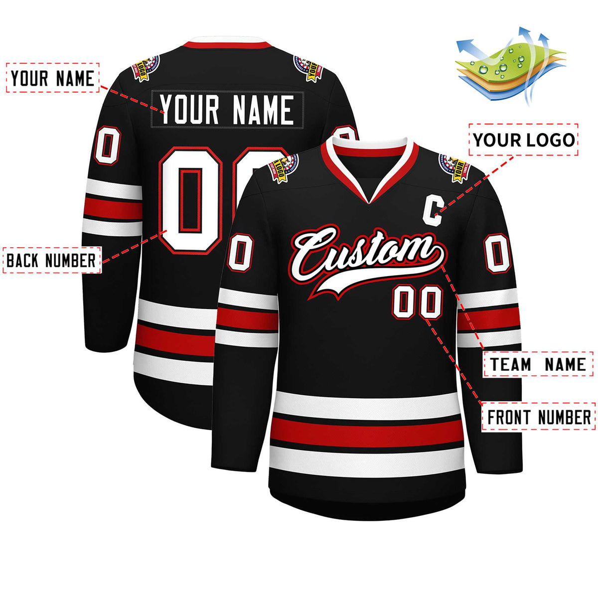 Custom Black White Black-Red Classic Style Hockey Jersey Limited