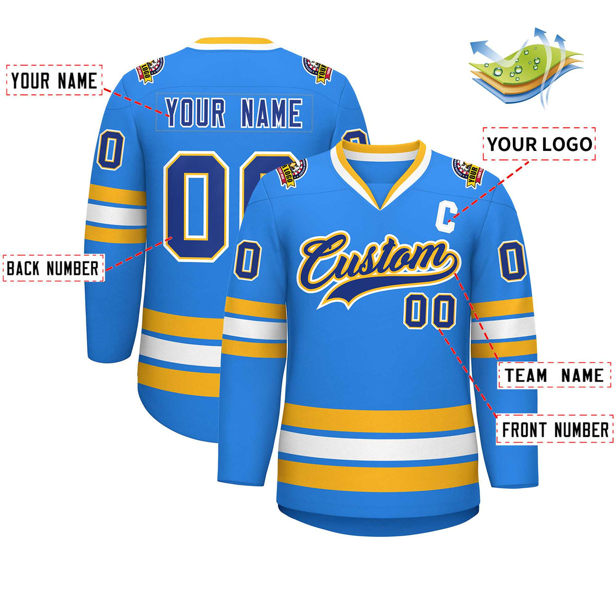 Custom Powder Blue Royal Gold-White Classic Style Hockey Jersey Limited
