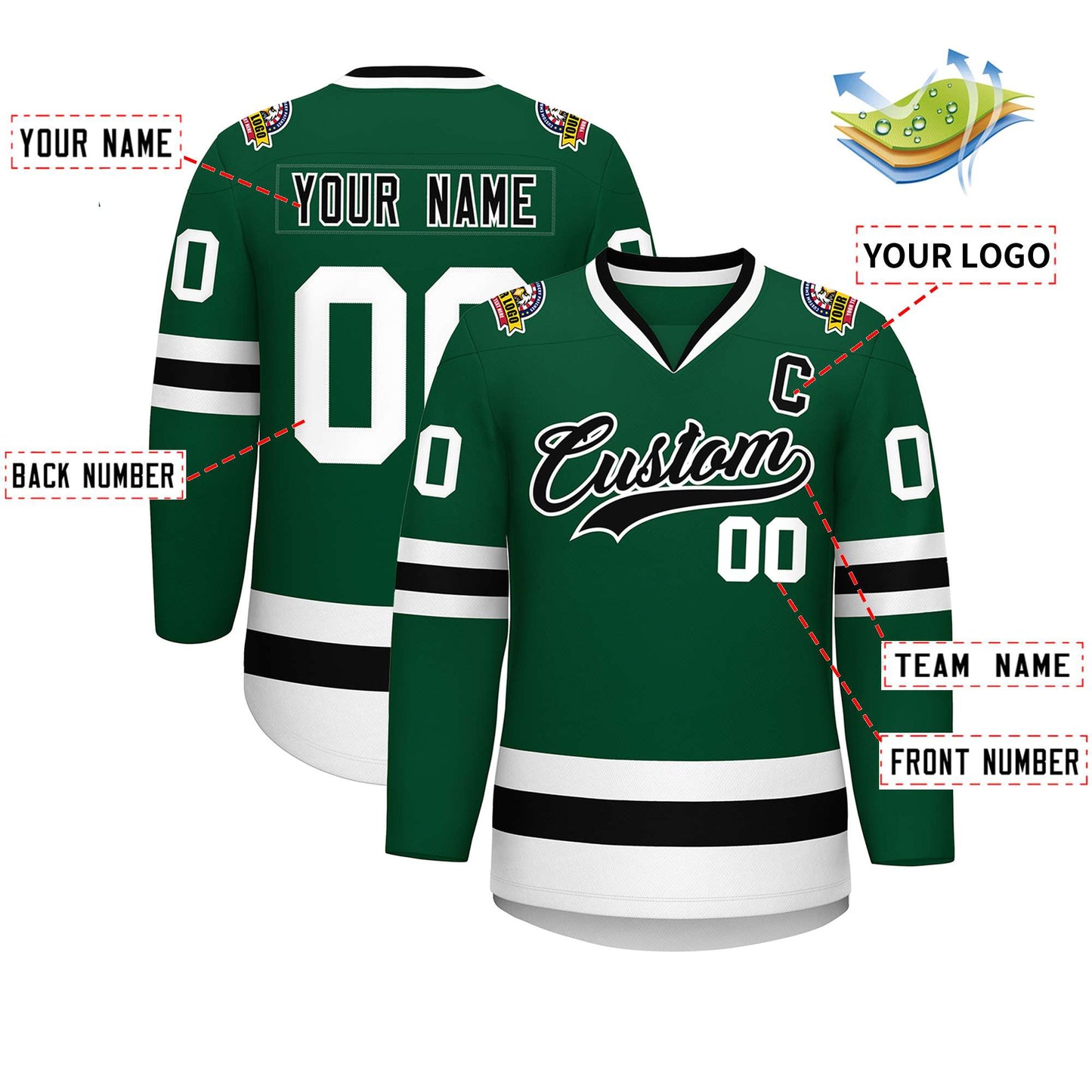 Custom Green Black-White Classic Style Hockey Jersey Limited