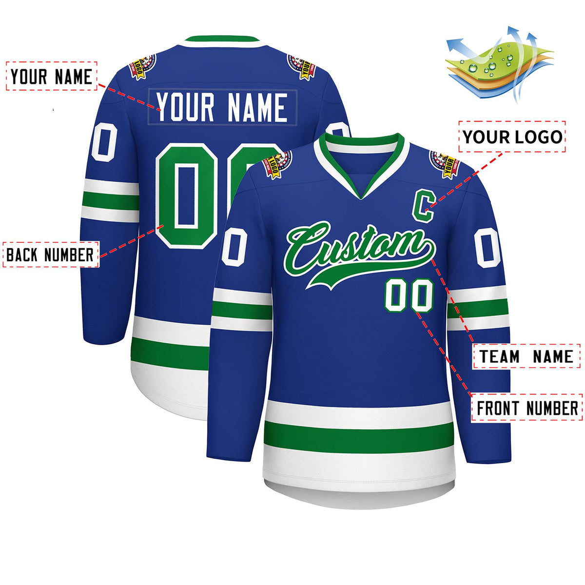 Custom Royal Kelly Green-White Classic Style Hockey Jersey Limited