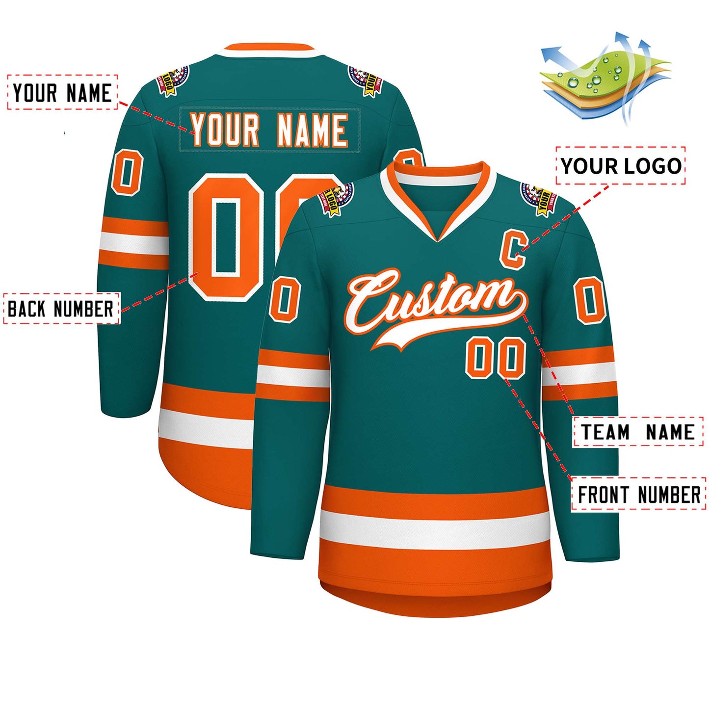 Custom Teal White-Orange Classic Style Hockey Jersey Limited