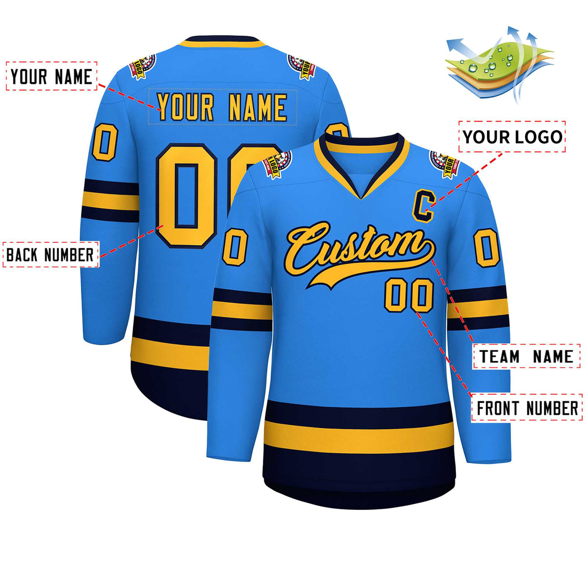 Custom Powder Blue Gold-Navy Classic Style Hockey Jersey Limited