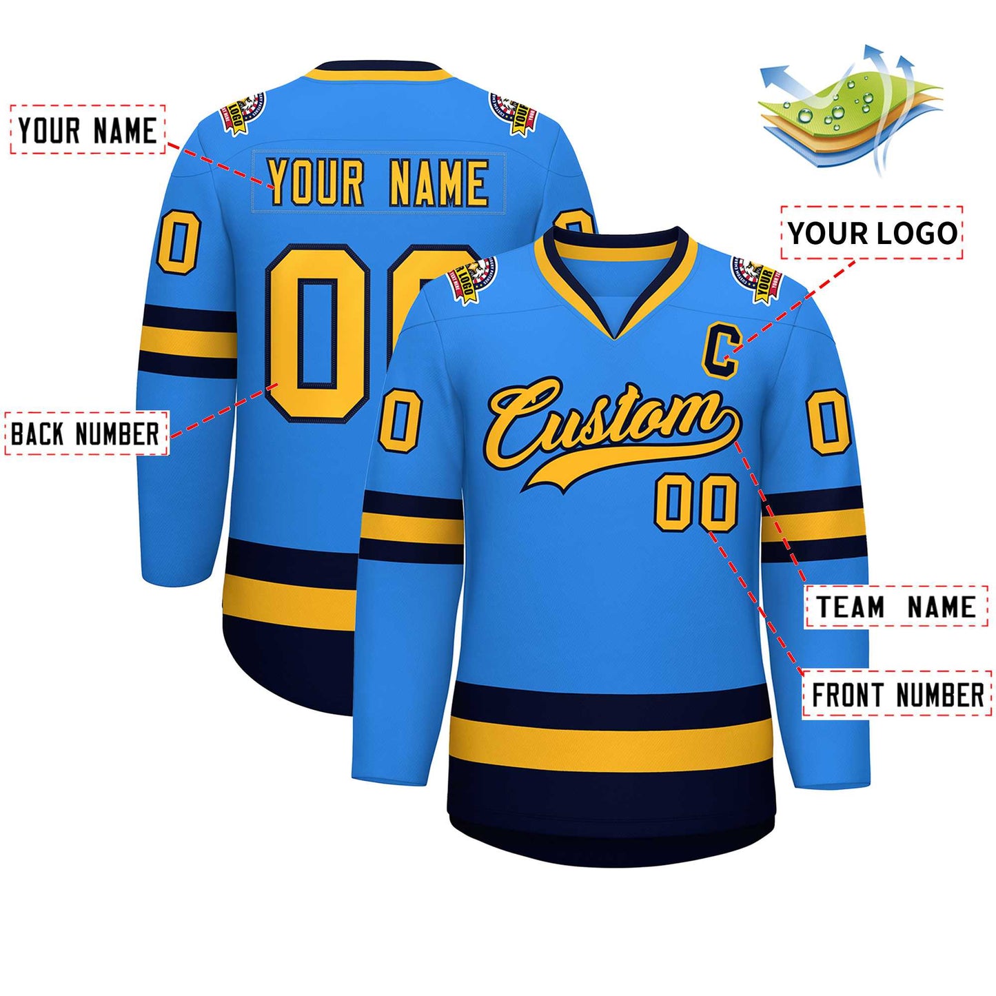 Custom Powder Blue Gold-Navy Classic Style Hockey Jersey Limited