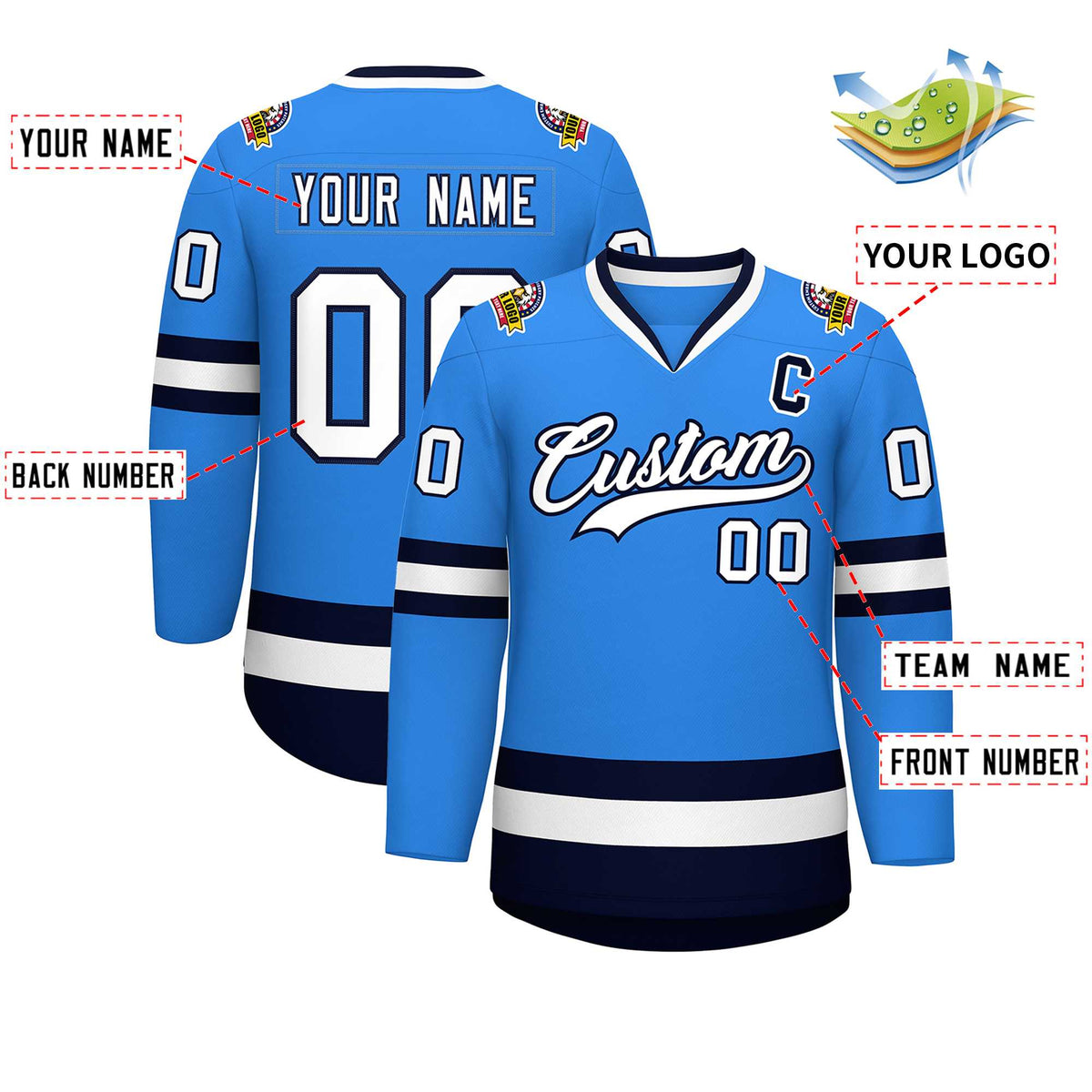 Custom Powder Blue White-Navy Classic Style Hockey Jersey Limited