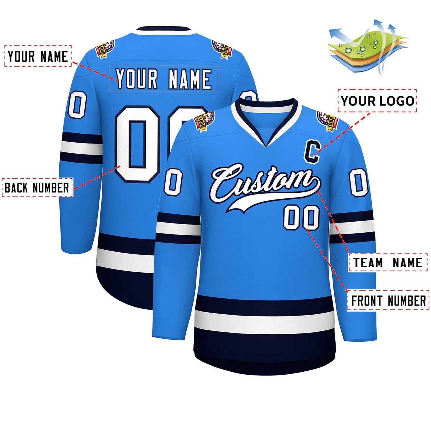 Custom Powder Blue White-Navy Classic Style Hockey Jersey Limited