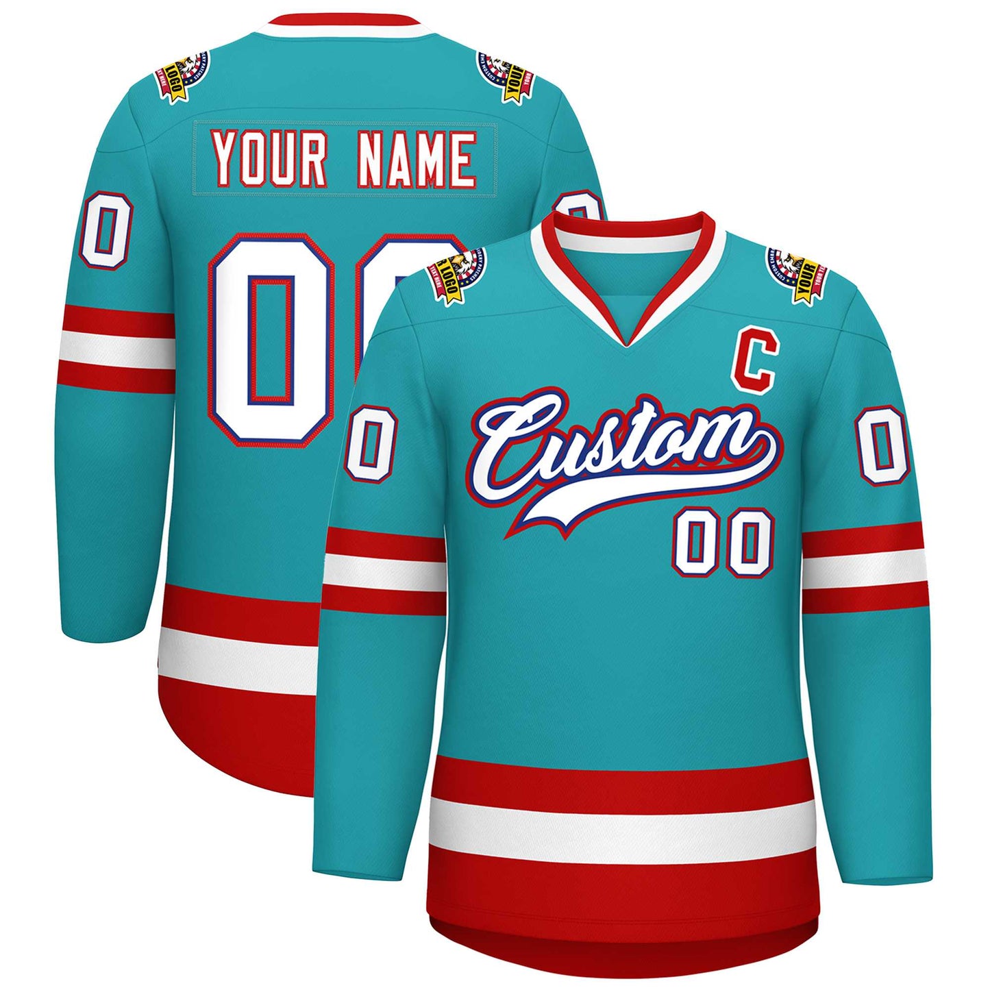 Custom Aqua White Royal-Red Classic Style Hockey Jersey