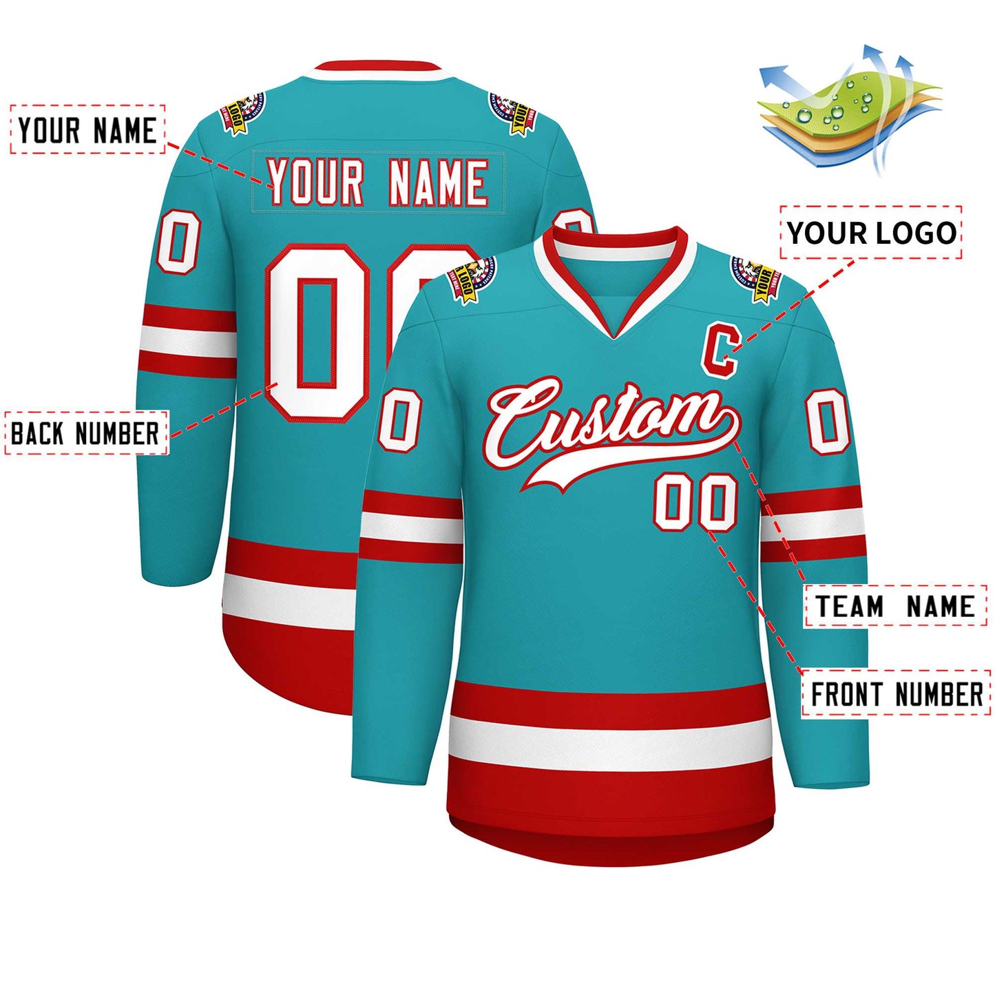 Custom Aqua White-Red Classic Style Hockey Jersey Limited