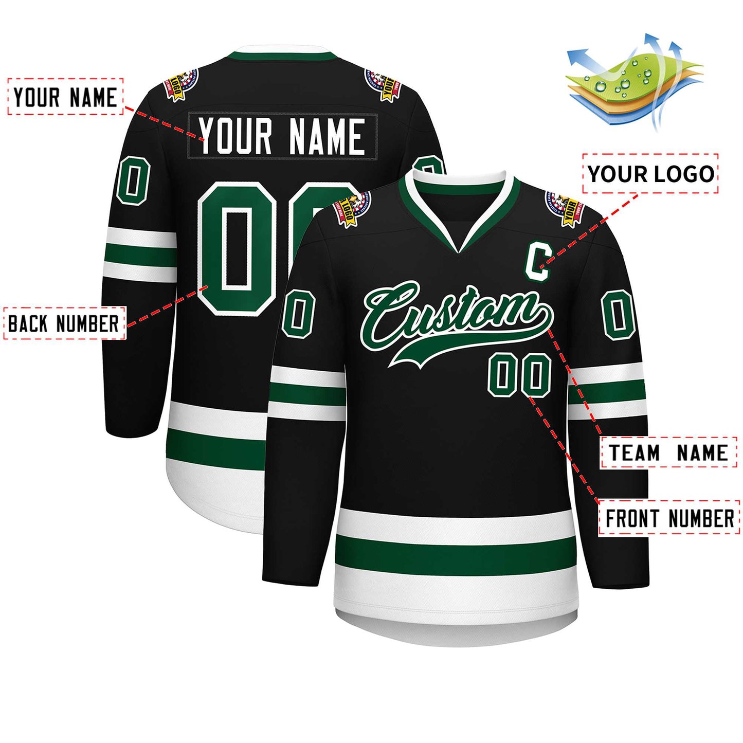 Custom Black Green-White Classic Style Hockey Jersey Limited