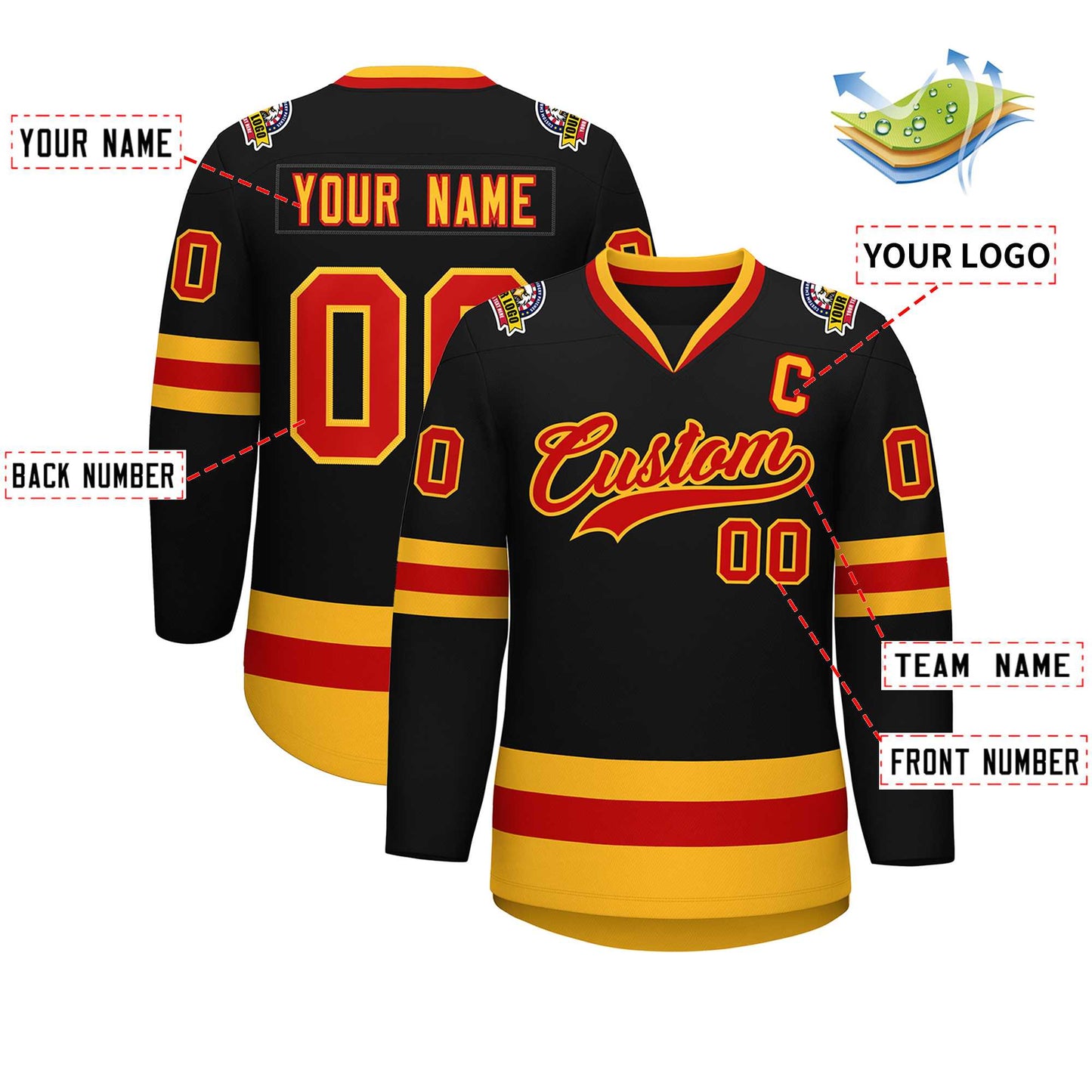 Custom Black Red-Gold Classic Style Hockey Jersey Limited