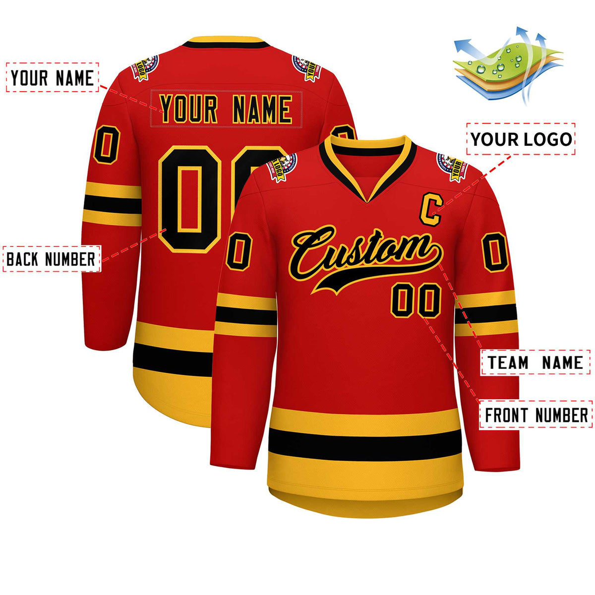 Custom Red Black-Gold Classic Style Hockey Jersey Limited