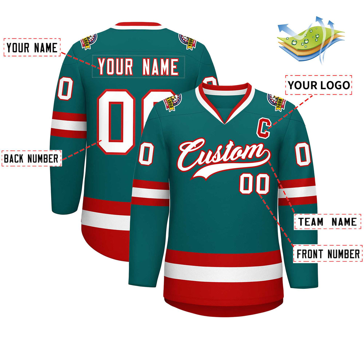 Custom Teal White-Red Classic Style Hockey Jersey Limited