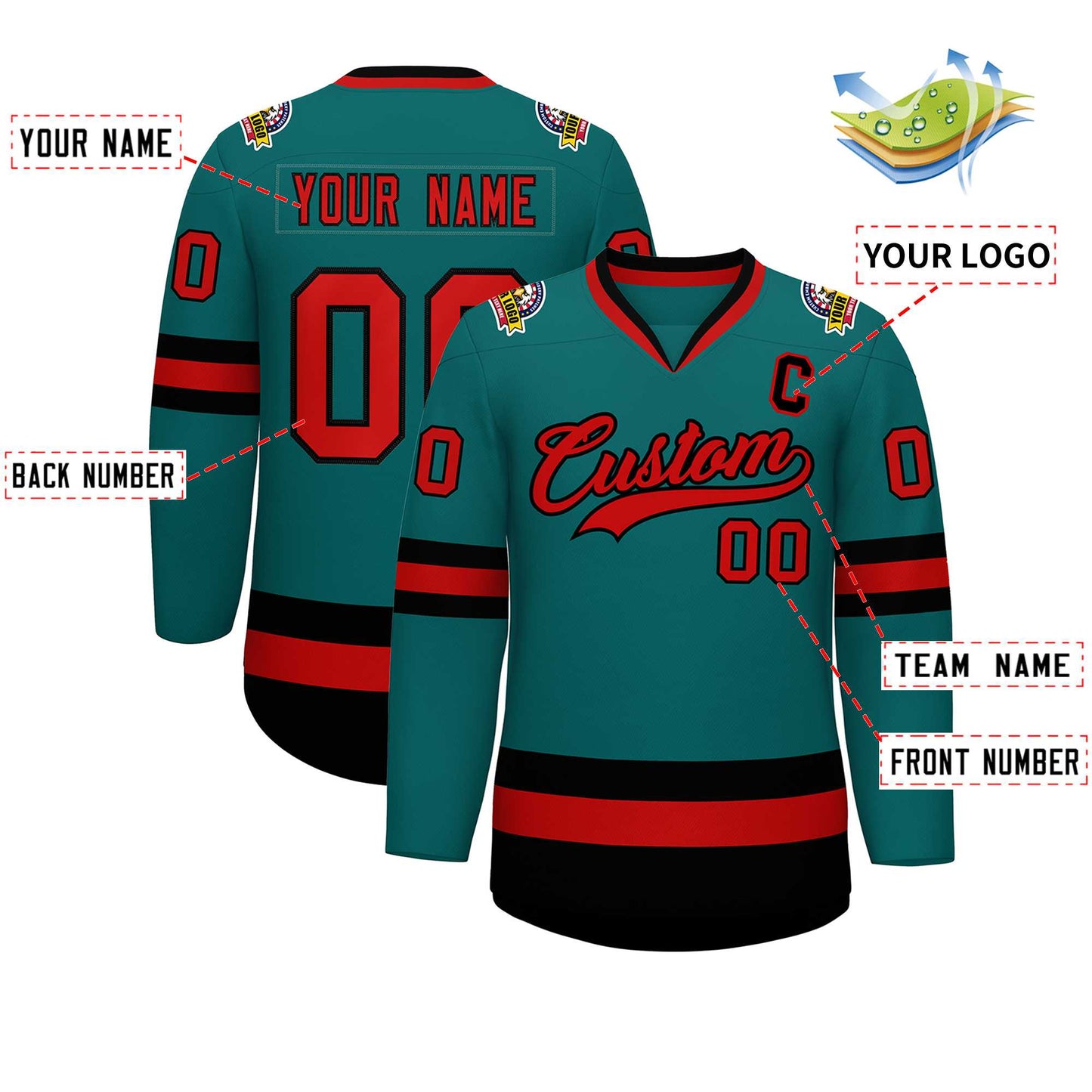 Custom Teal Red-Black Classic Style Hockey Jersey Limited