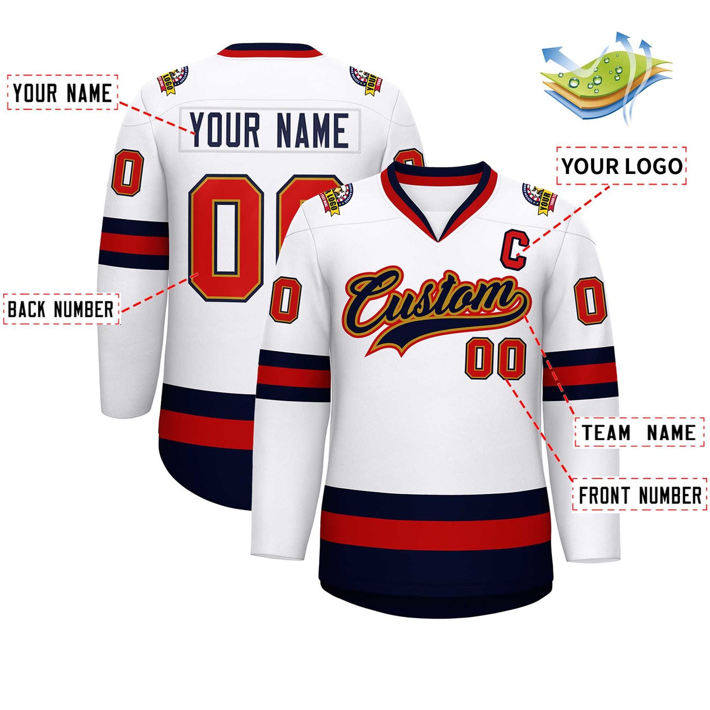 Custom White Navy Old Gold-Red Classic Style Hockey Jersey Limited